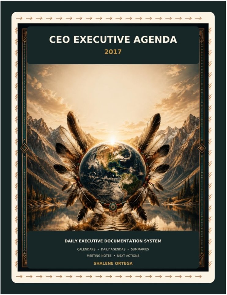 Cover page of a 2017 CEO Executive Agenda featuring a mountain landscape with a sunset, a globe with feathers surrounding it, and a reflective lake. Contains text about the agenda's focus on daily executive documentation and actions.