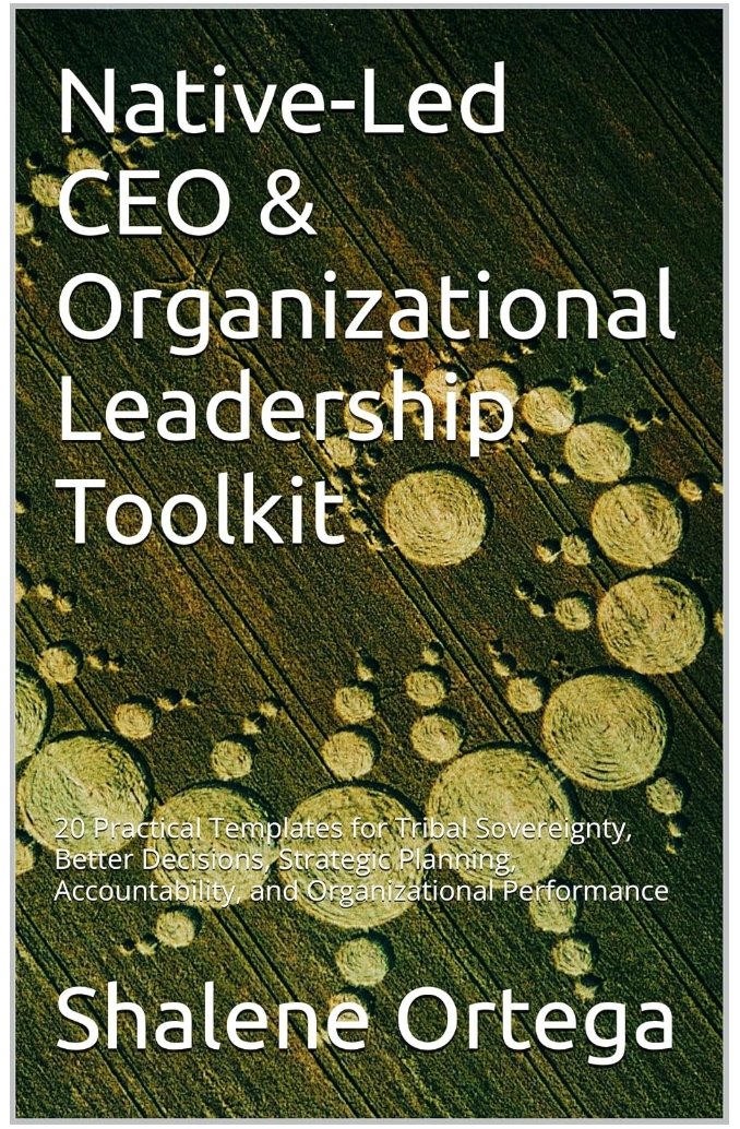 Book cover titled 'Native-Led CEO & Organizational Leadership Toolkit' by Shalene Ortega, featuring an aerial view of cultivated fields with yellow circular hay bales.