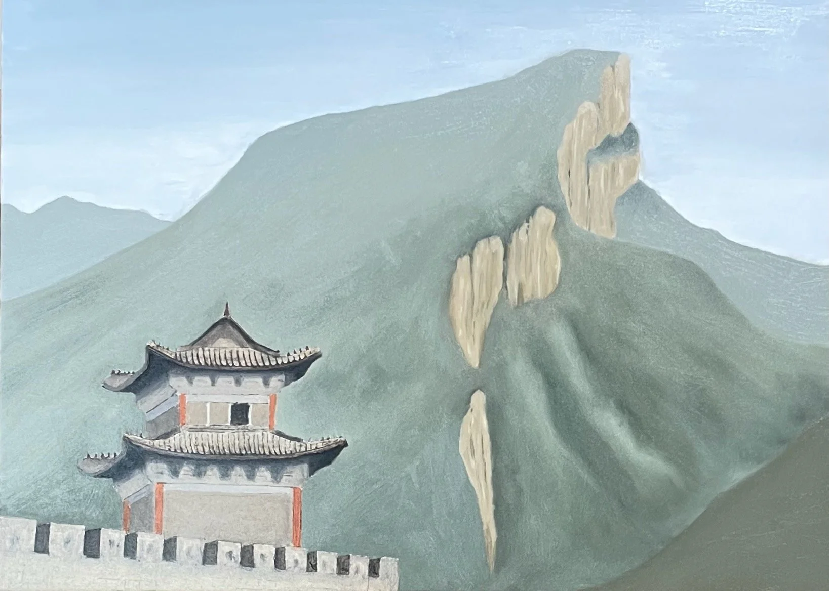 A painting of a traditional Chinese pavilion with a mountain in the background on the approach to Qutang Gorge, the first of the Three Gorges on the Yangtze River