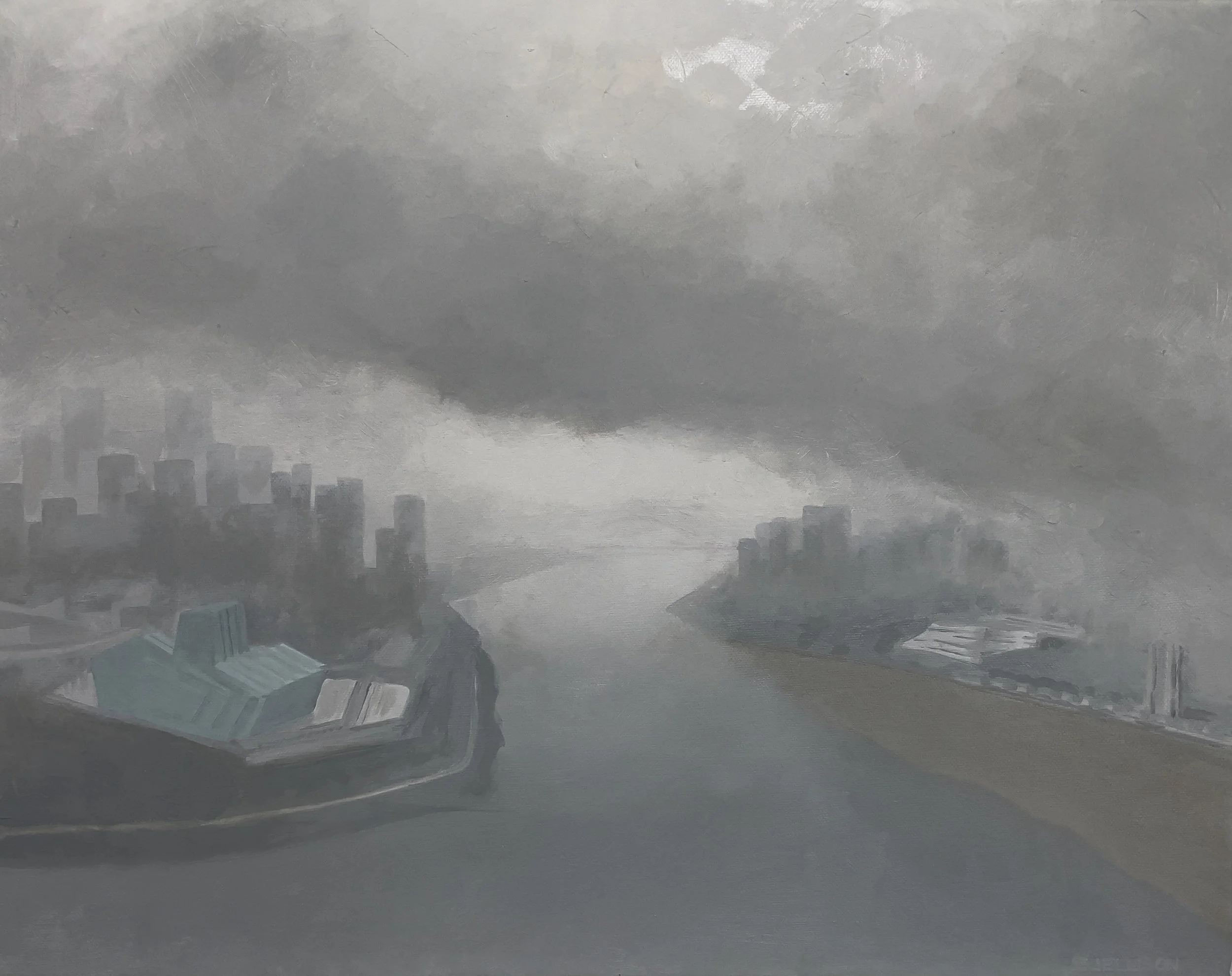Oil painting of the Yangtze River at Chongqing under dark clouds by Stephen Ellison
