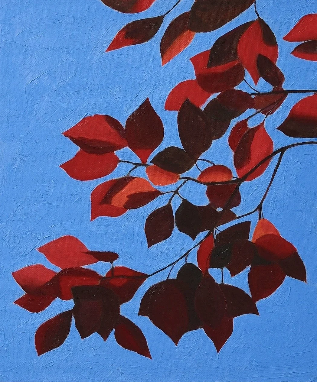 Painting of red and dark leaves against a blue sky background.