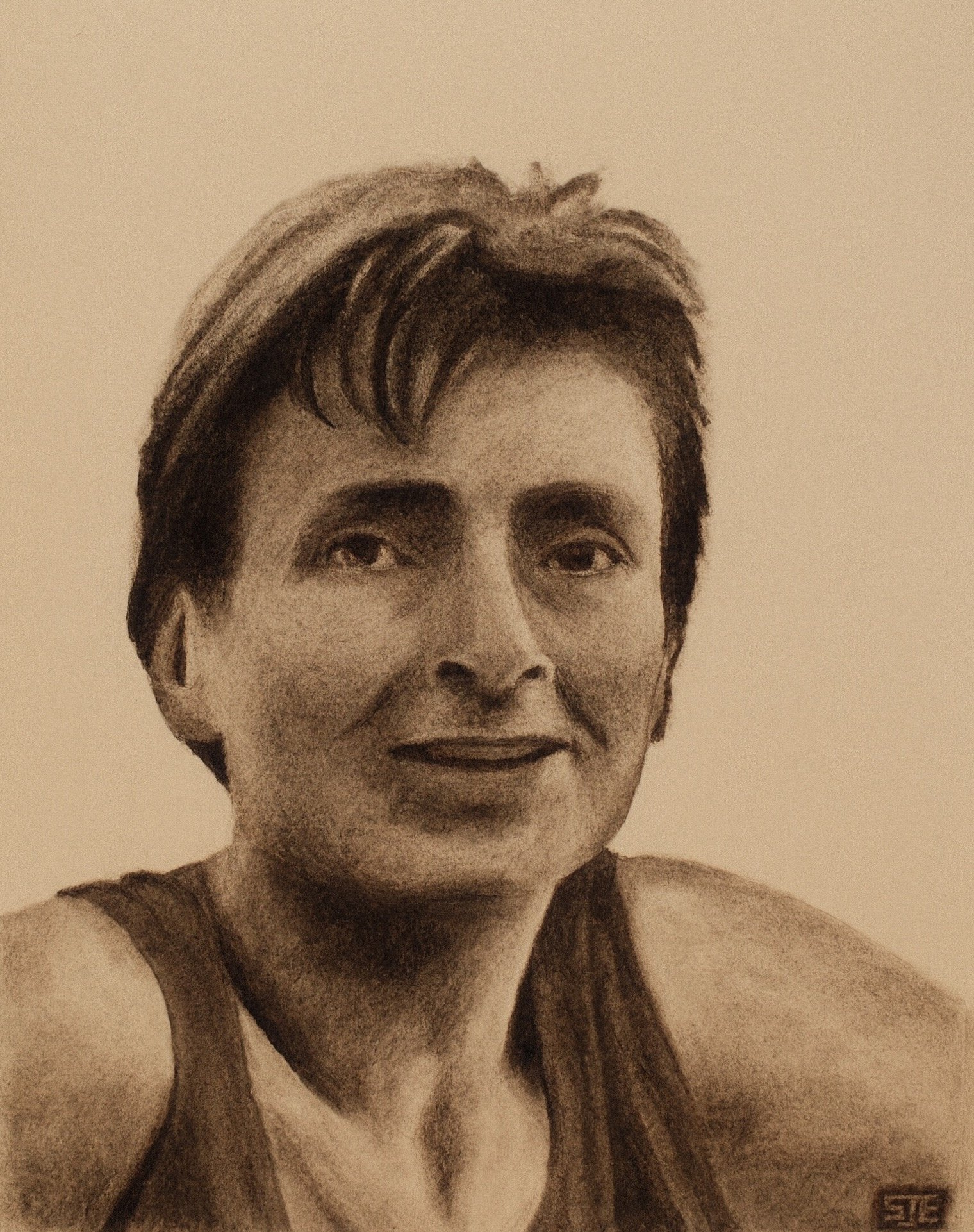 Charcoal portrait of Jane on a beach in Malaysia