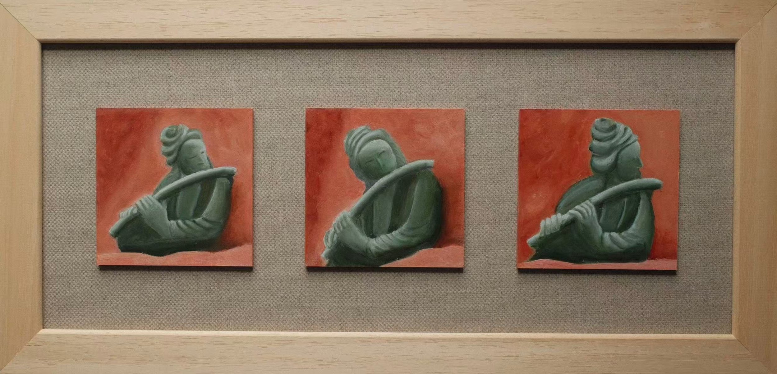 Triptych painting of a piper at Dazu Rock Carvings in Chongqing by Stephen Ellison