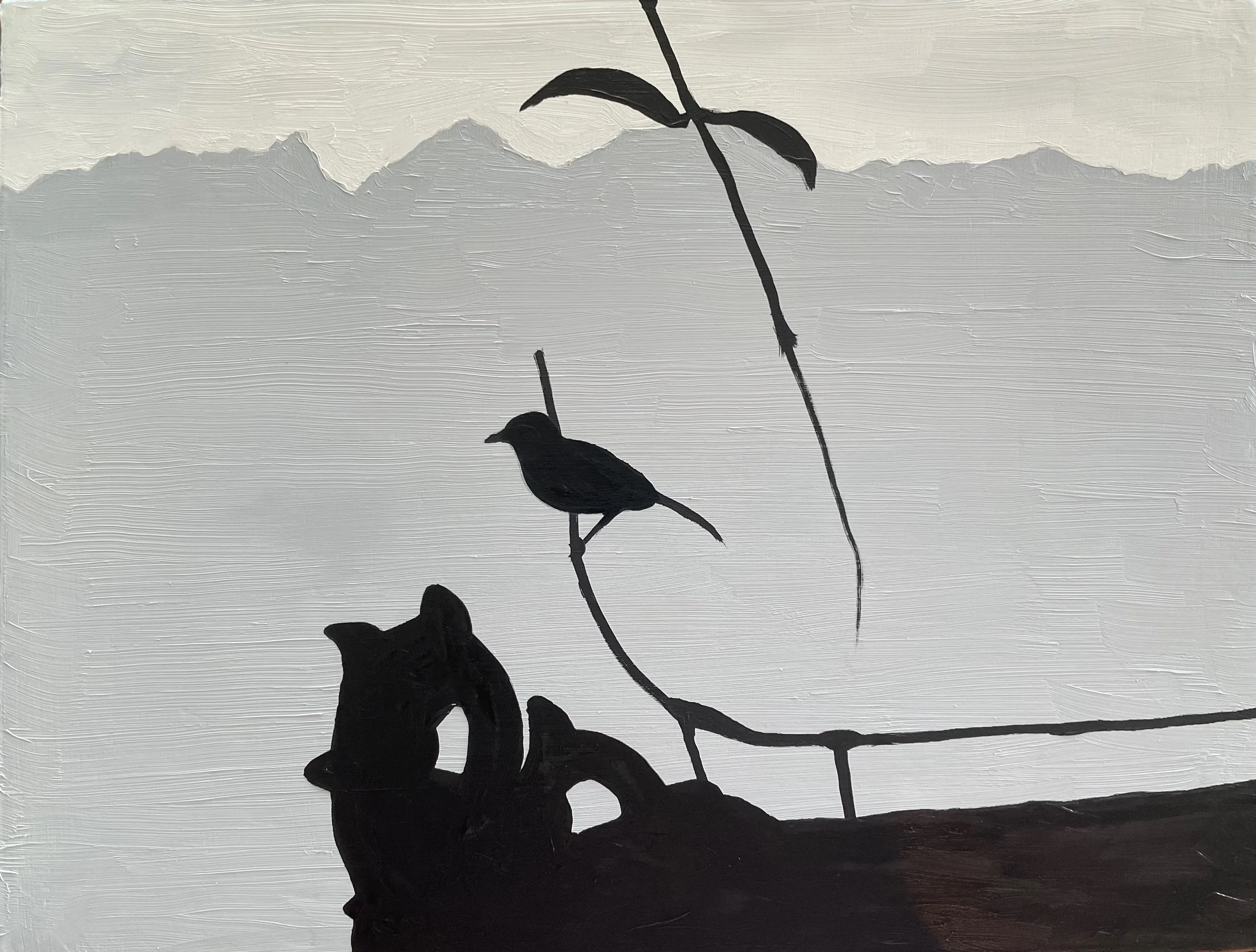 Oil painting of a bird on a roof looking towards Nanshan, Chongqing by Stephen Ellison