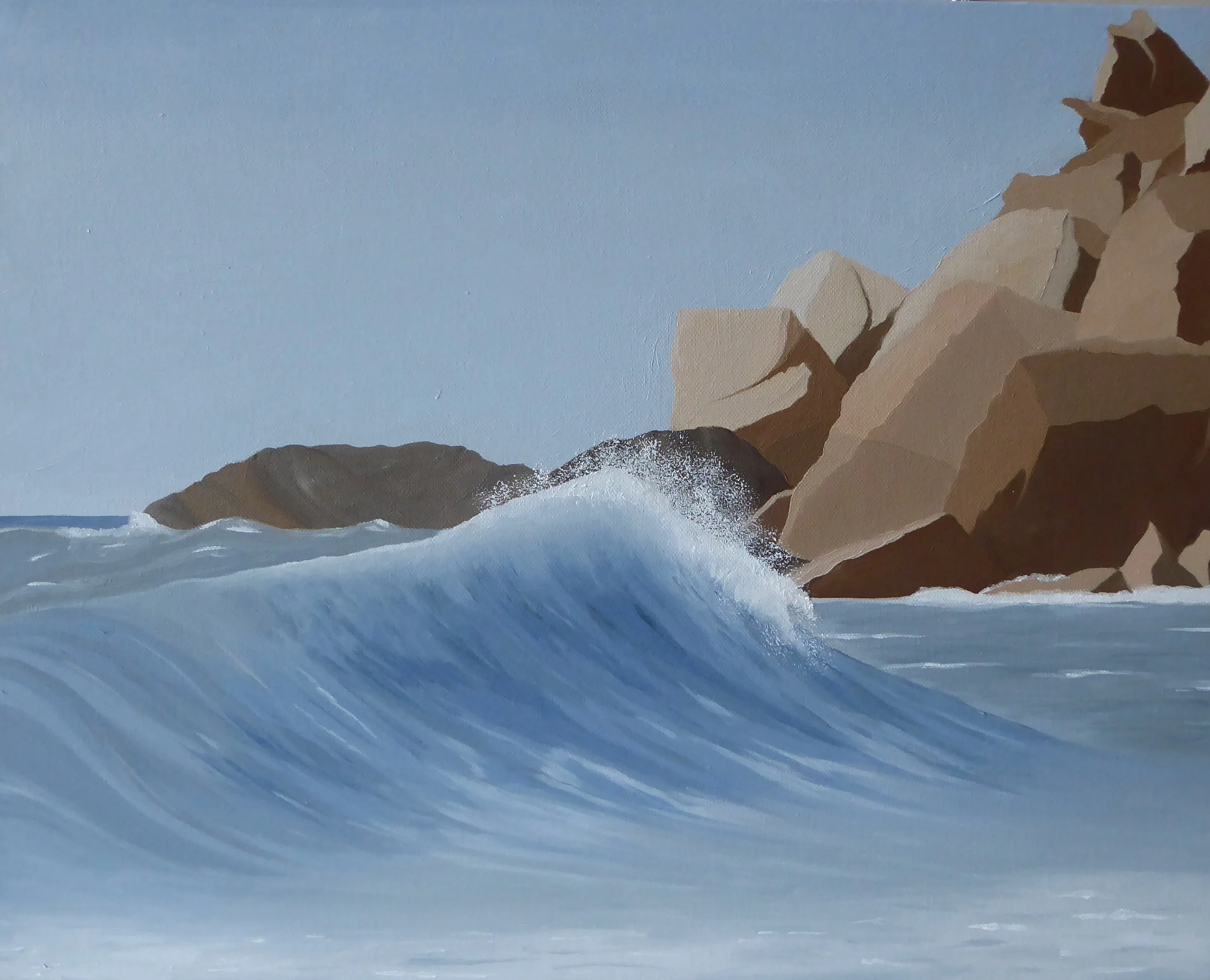 Painting of ocean waves crashing against rocky cliffs with a clear sky in the background on Hainan Island