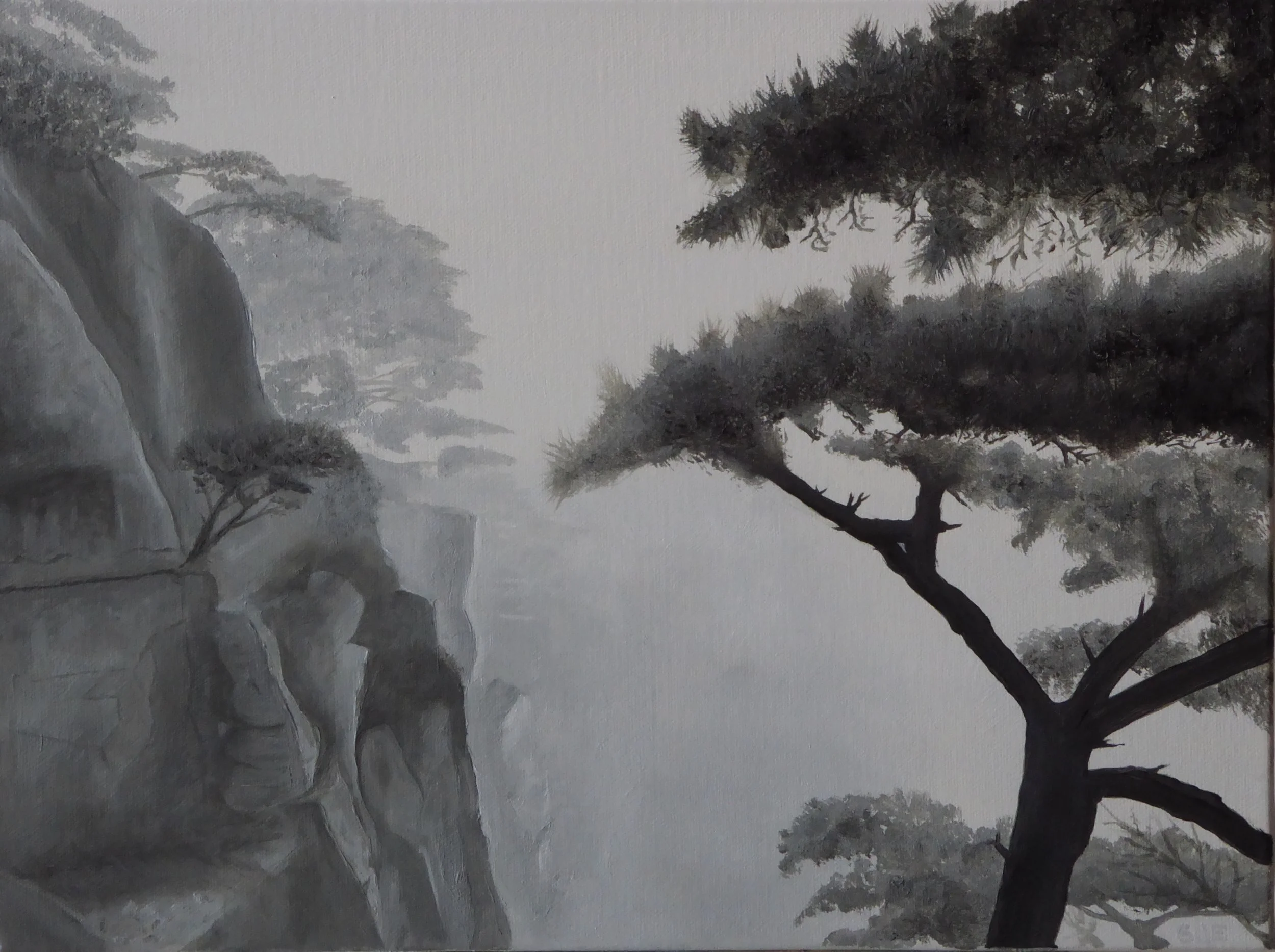 Grisaille image of a typical mountain scene at Huangshan, Anhui Province
