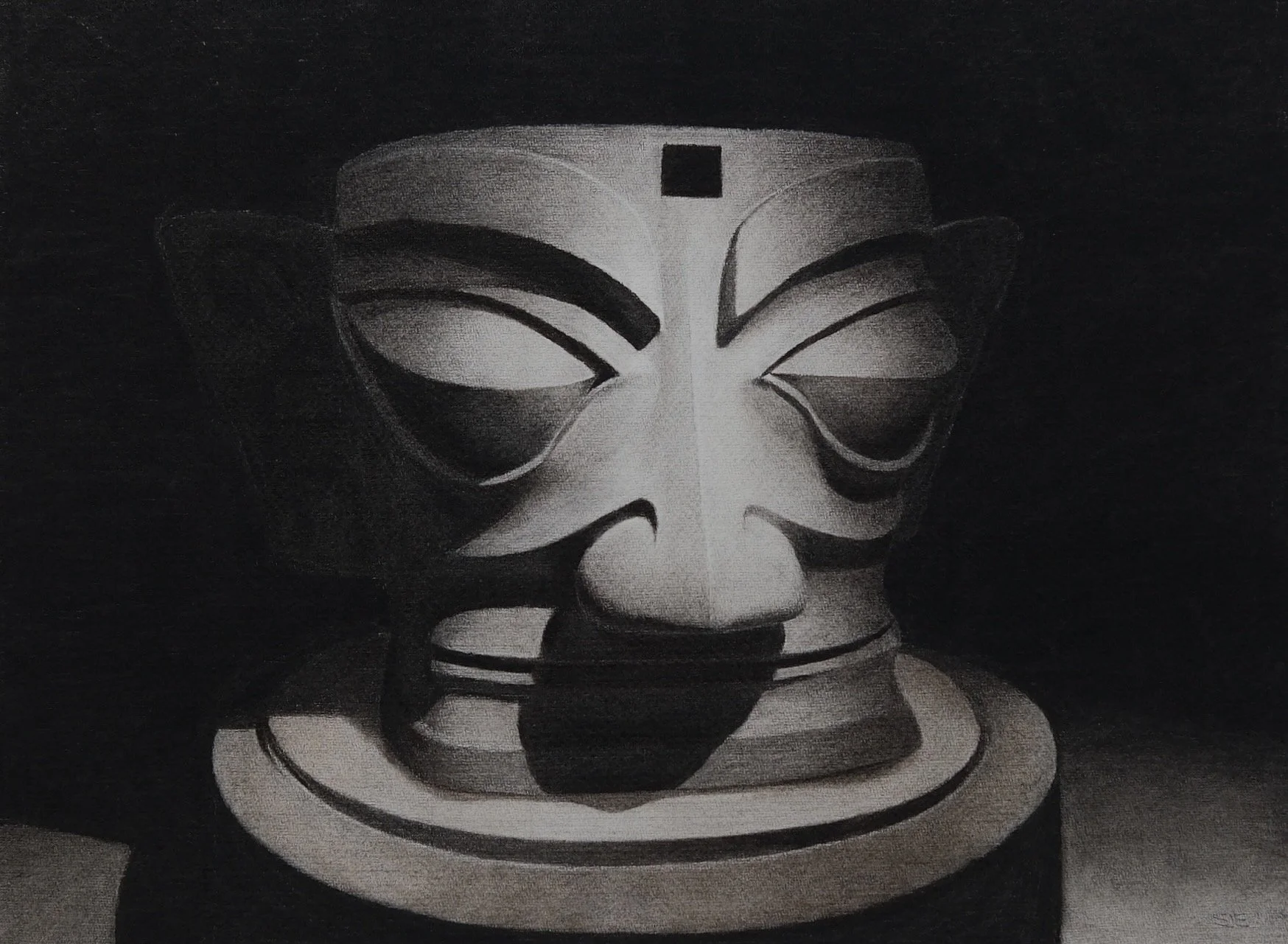 Charcoal drawing of a large bronze mask from the Shu period in Sanxingdui near Chengdu, Sichuan by Stephen Ellison