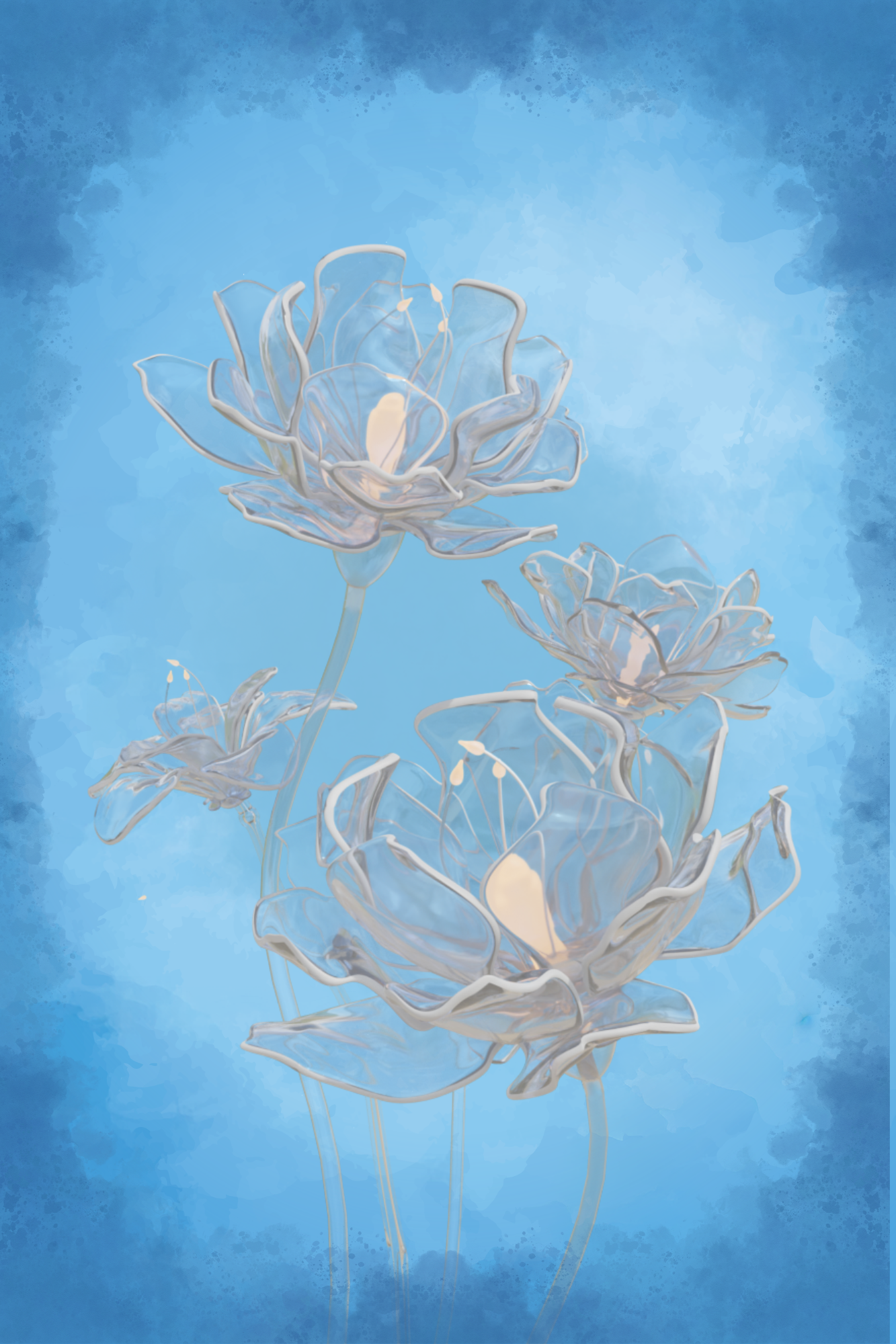 Stylized depiction of white roses with a glowing effect against a blue textured background.