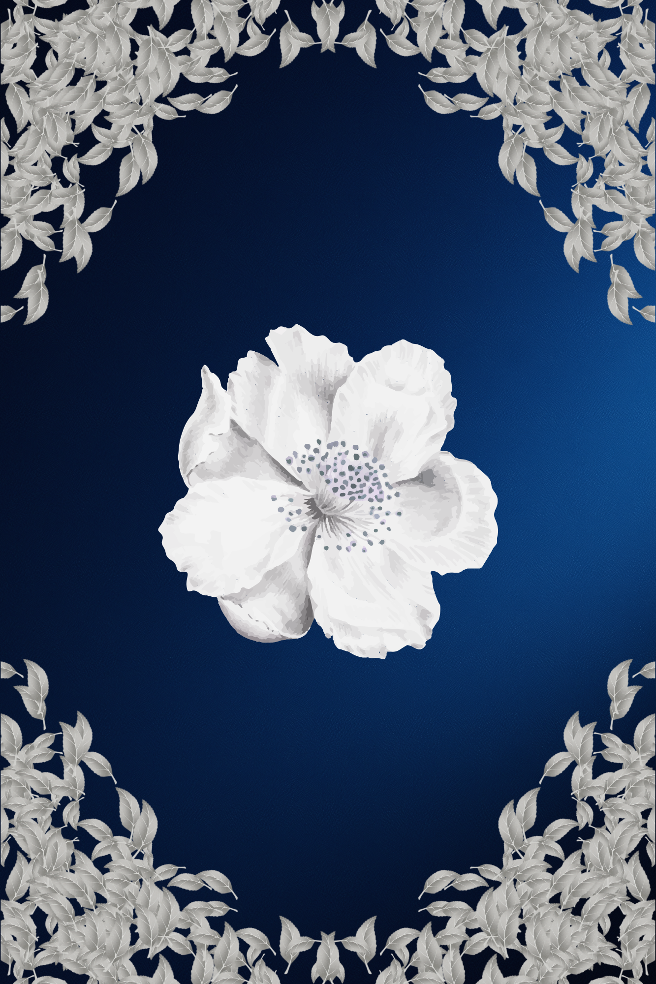 White flower with dark center and surrounding white leaves on a dark blue background, with white leafy border.