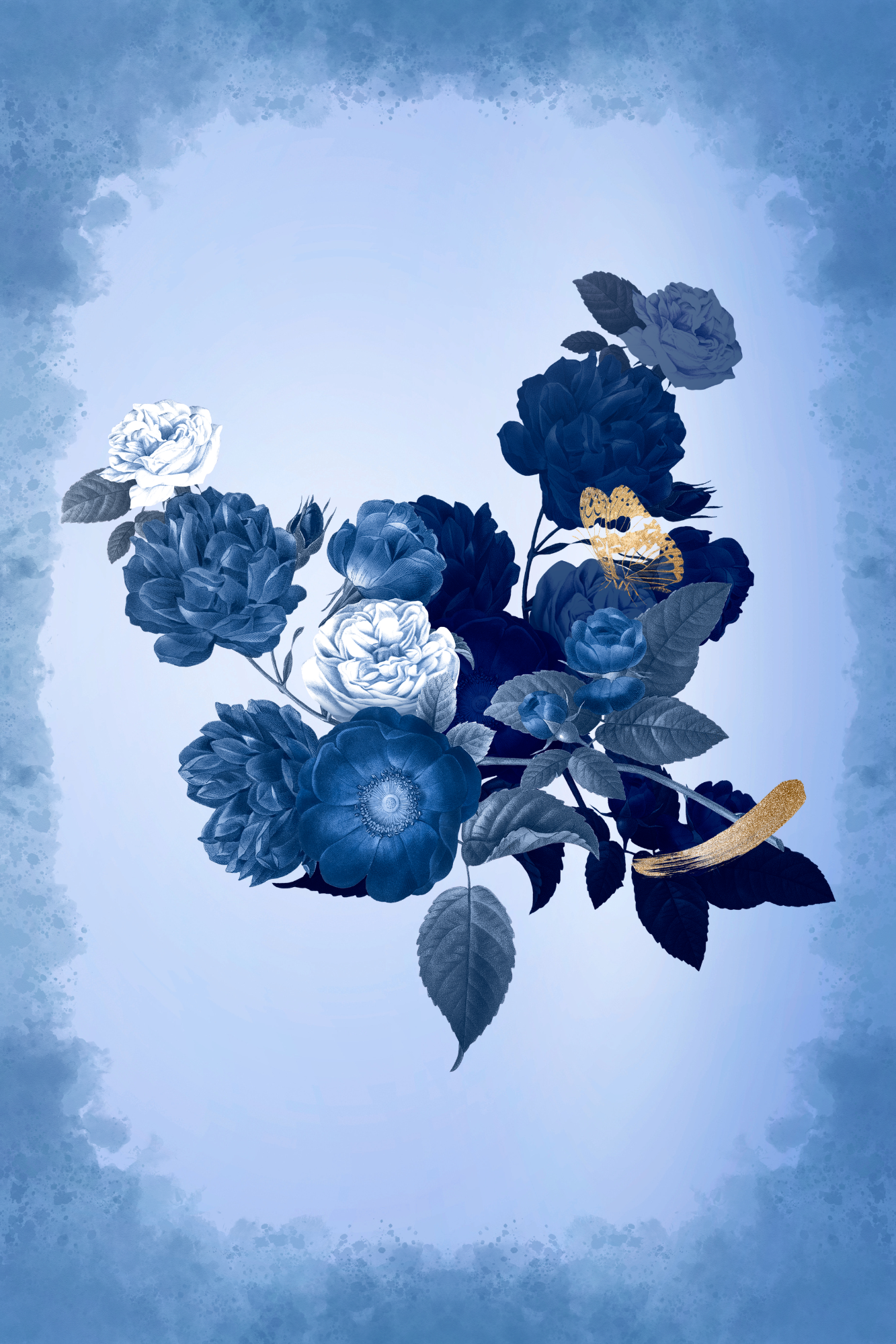 Blue and white roses with golden butterfly on a blue background with watercolor effect.