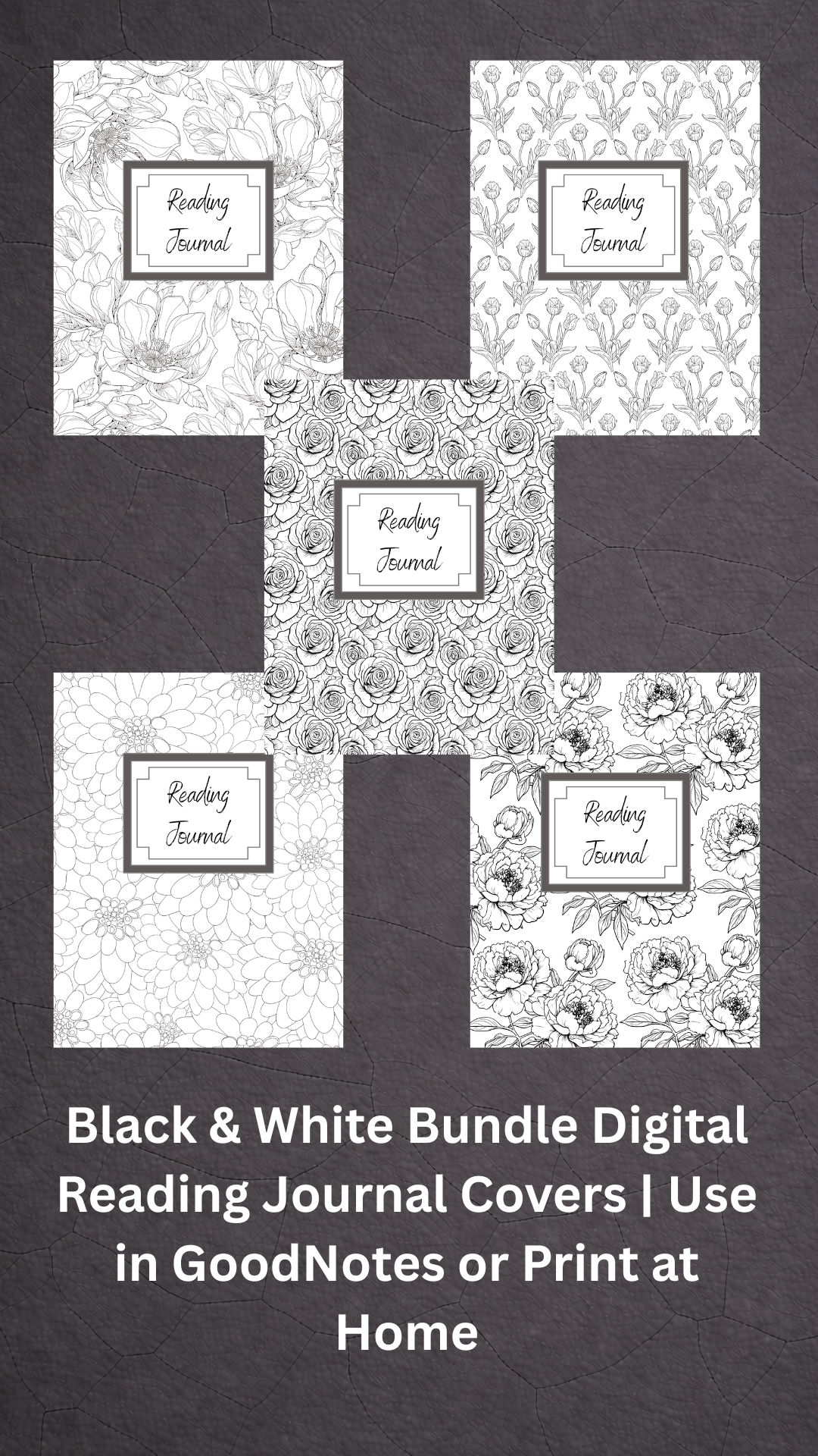 Sets of five black and white digital reading journal covers with floral patterns, each labeled "Reading Journal," arranged on a dark textured background.