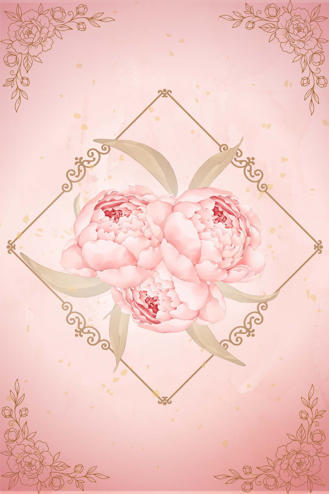 A pink background with golden floral corner accents, featuring large pink peonies in the center and gold confetti scattered throughout, with a faint decorative diamond outline.