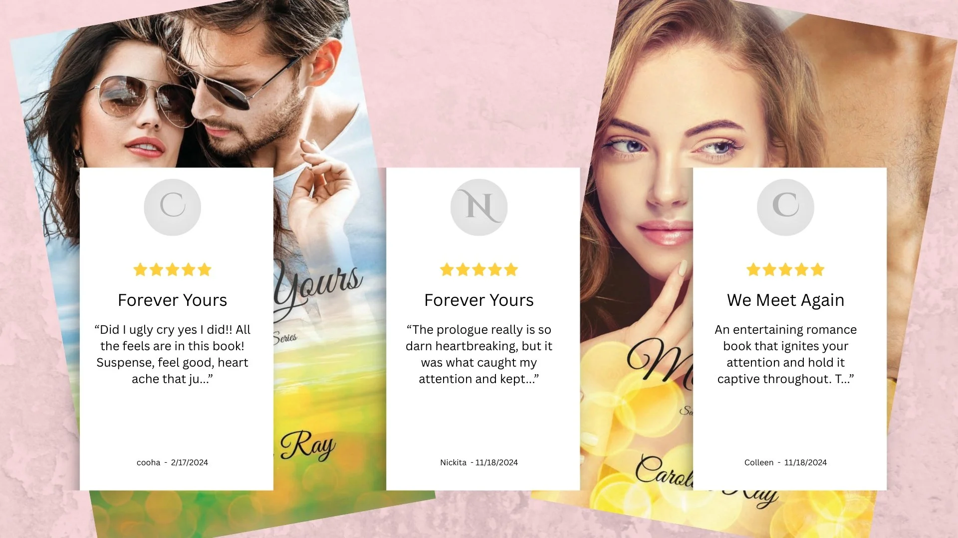 Collage of three handwritten book reviews with photos of young adults, dating from February and November 2024, on pink background.