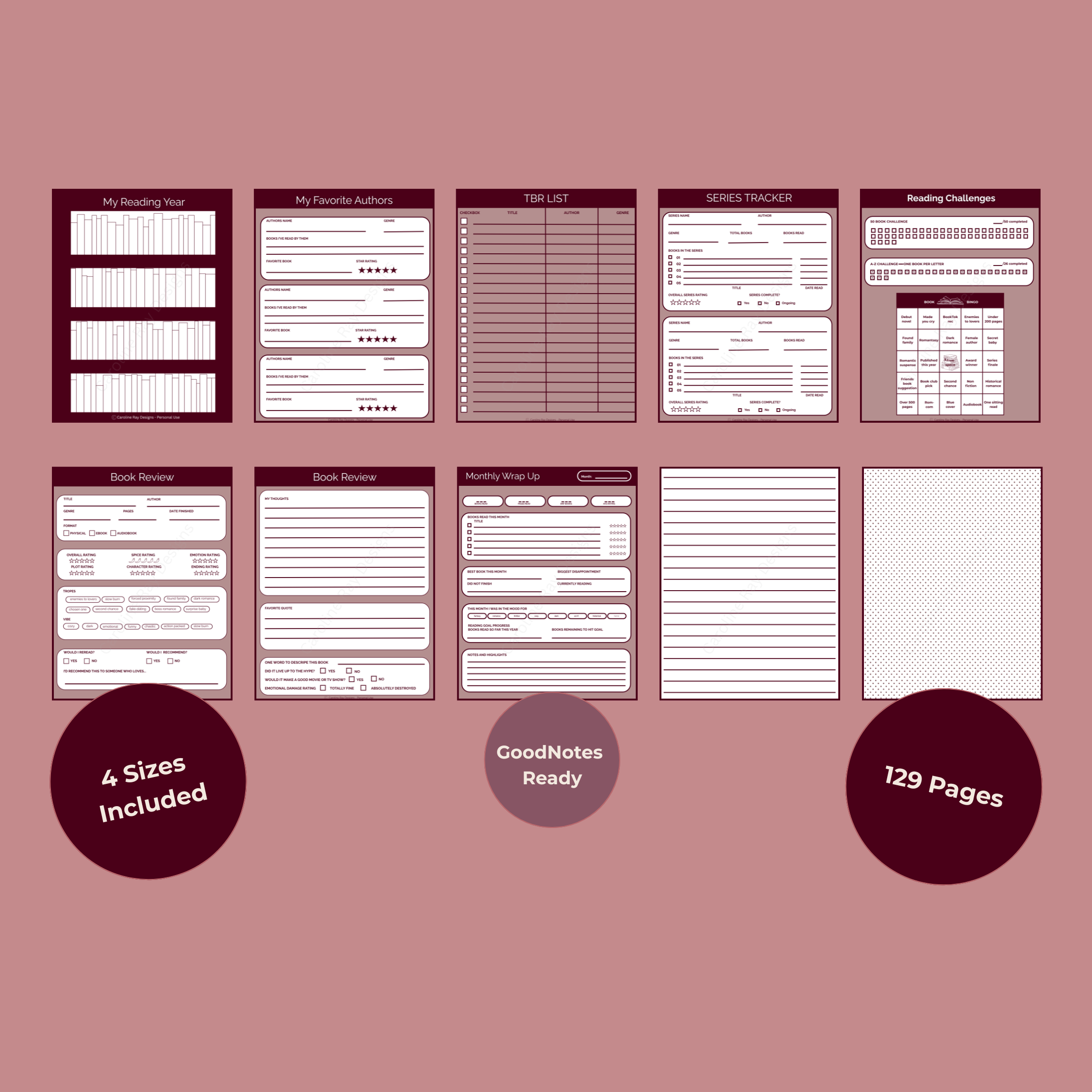 A digital printable reading journal template collection on burgundy background, including reading year, favorite authors, TBR list, series tracker, reading challenges, book review, monthly wrap-up. 4 sizes, GoodNotes compatible, 129 pages.