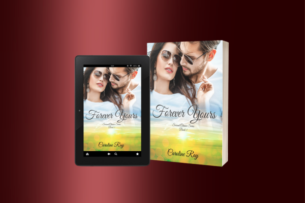 A book titled "Forever Yours" and an e-reader displaying the same cover, which features a couple wearing sunglasses with a scenic background.
