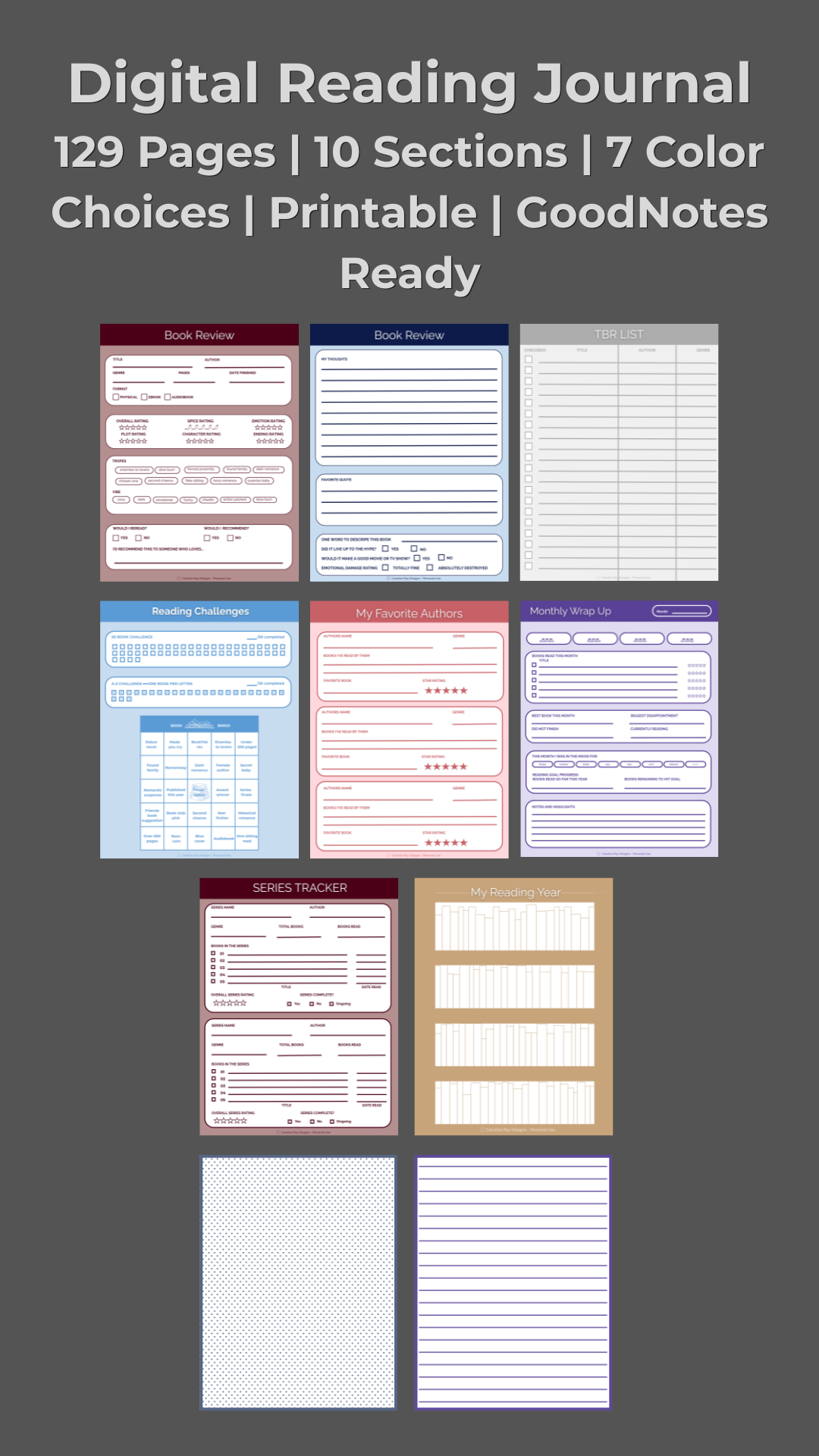 A collection of printable digital reading journals in multiple color options, featuring templates for book reviews, reading challenges, favorite authors, series tracker, reading year, monthly wrap-up pages, with lined and dot pages.