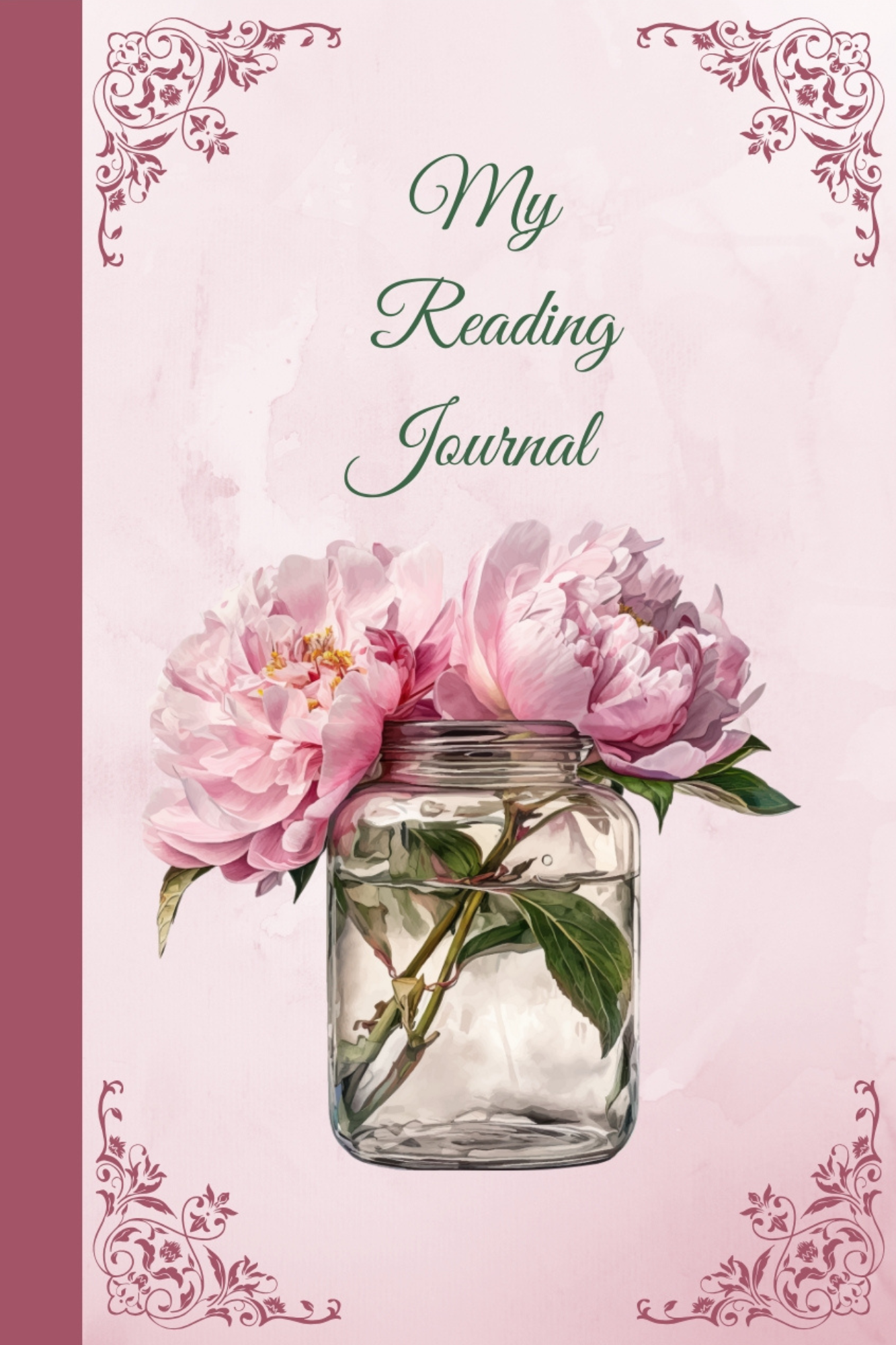 Order Peony Reading Journal — pink cover with peonies in a glass jar, hardcover and paperback.
