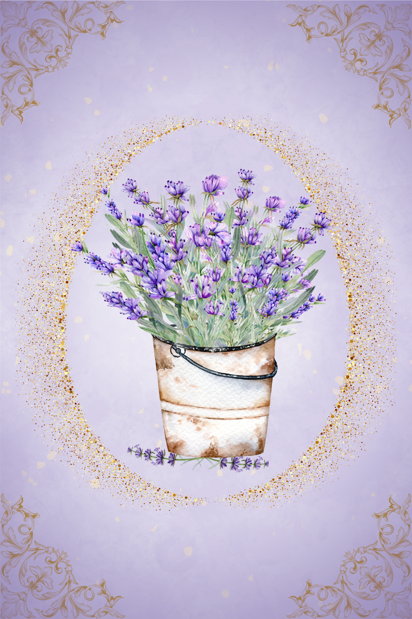 Watercolor illustration of a potted lavender plant with purple flowers on a pastel lavender background, decorated with gold floral accents and confetti.