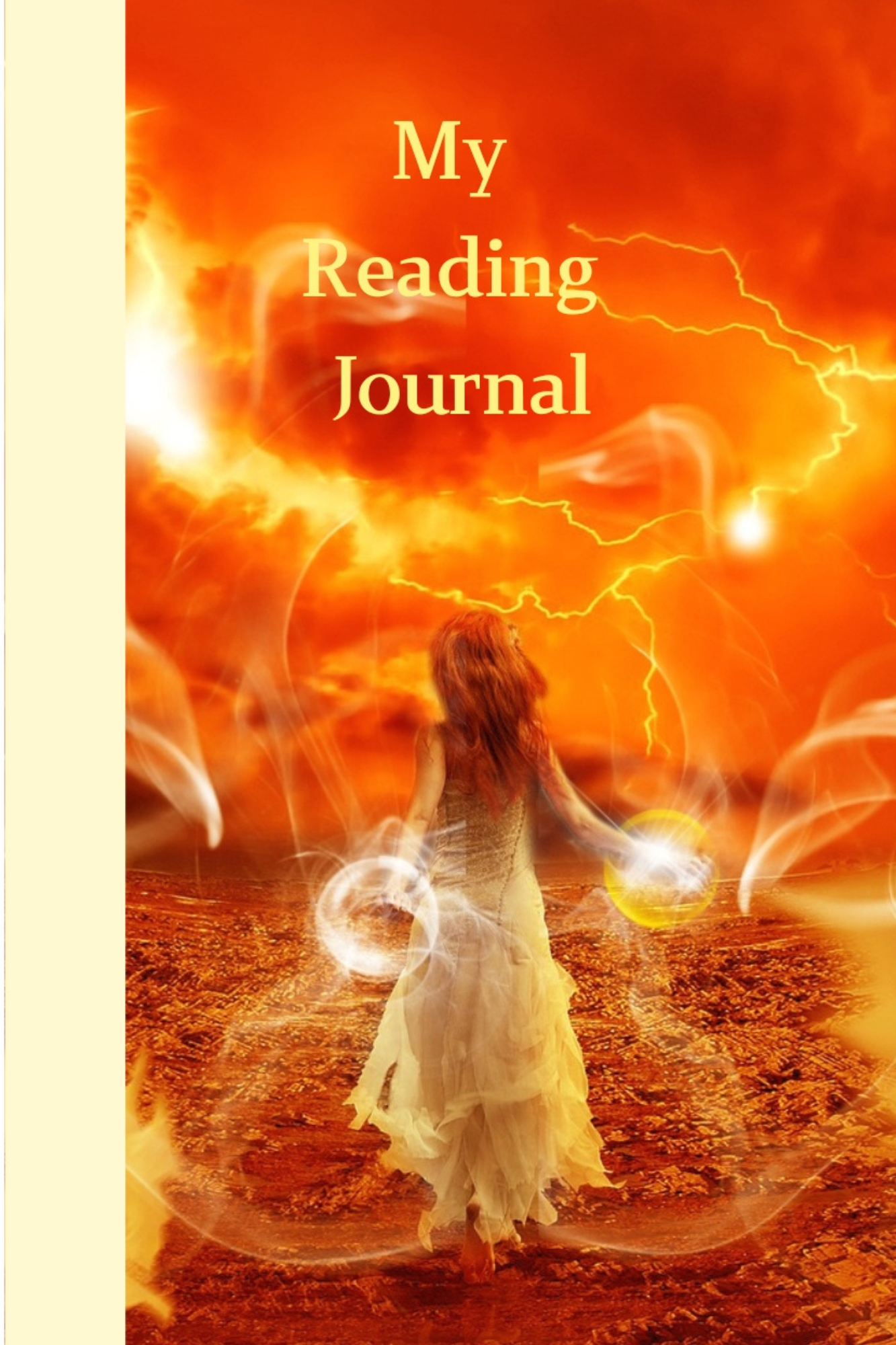 Order Sorceress My Reading Journal — woman standing in fiery lightning scene, hardcover and paperback