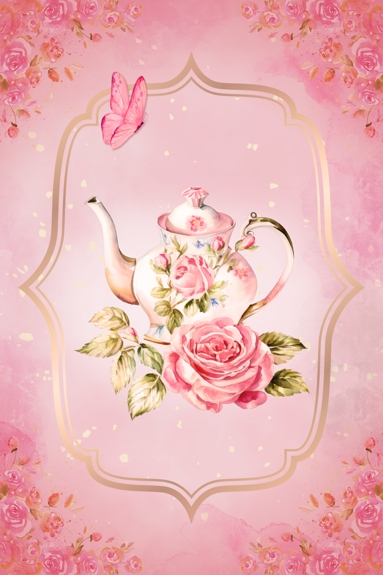 A watercolor-style illustration of a vintage floral teapot with pink roses, surrounded by a large pink rose and green leaves. The background is pink with rose patterns and a decorative border, and a pink butterfly is flying nearby.