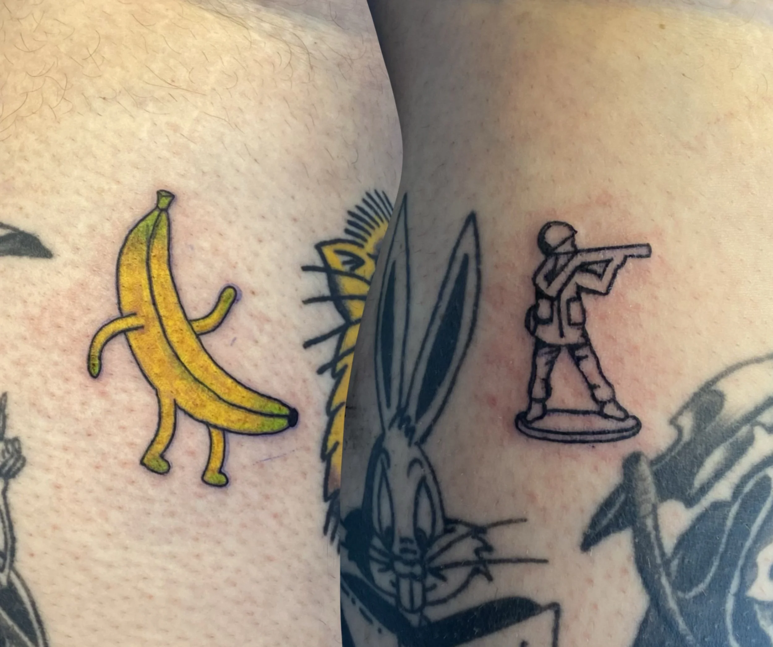 Close-up of several tattoos on skin, including a yellow banana, a black and yellow object, and black outlined design elements.
