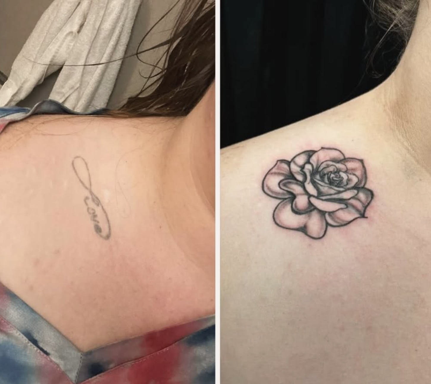 Comparison of two tattoos on a person's shoulder; the left shows a small, simple script tattoo saying 'love,' while the right displays a detailed, larger black and pink rose tattoo.
