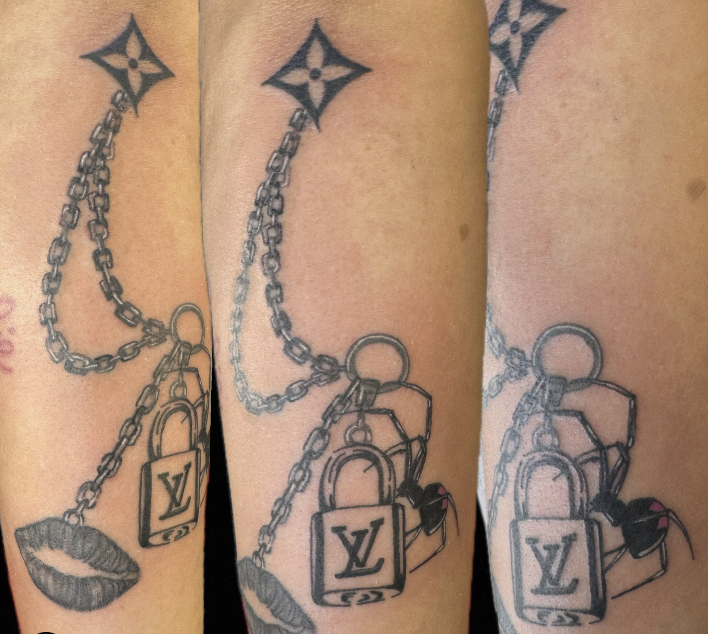 Close-up of tattoos on a person's arm, featuring a Louis Vuitton lock and chain design with lock and lipstick motifs.