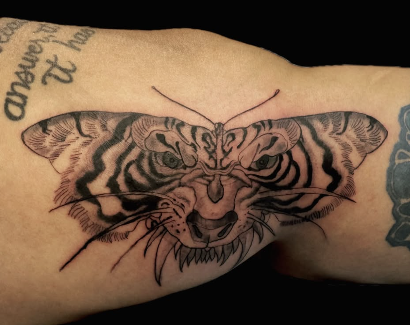 Tattoo of a tiger's face on person's arm, with detailed black and gray line work.
