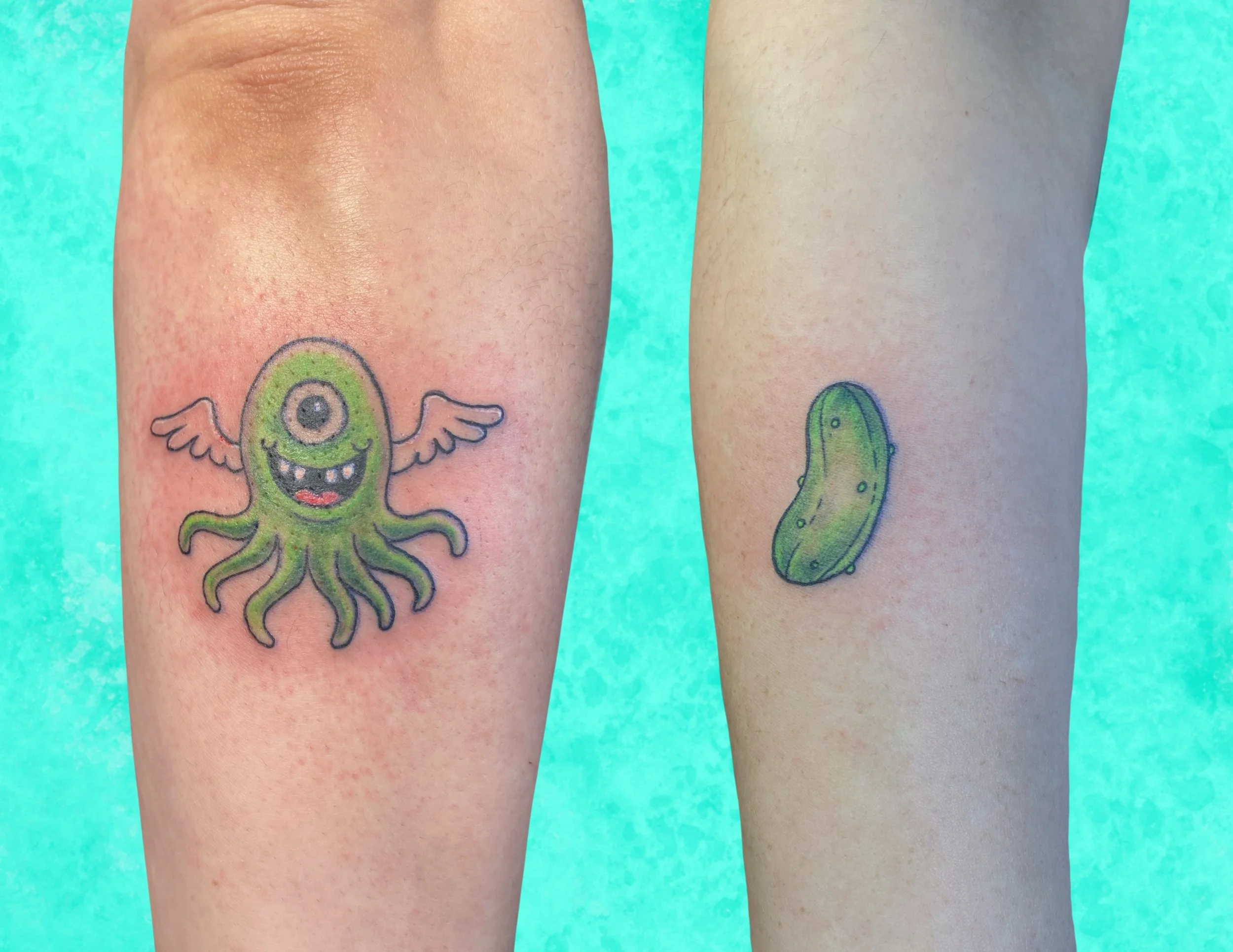 Close-up of two people's legs with animated tattoos of a smiling green monster with wings on the left leg and a green dinosaur or reptile on the right leg, against a teal background.