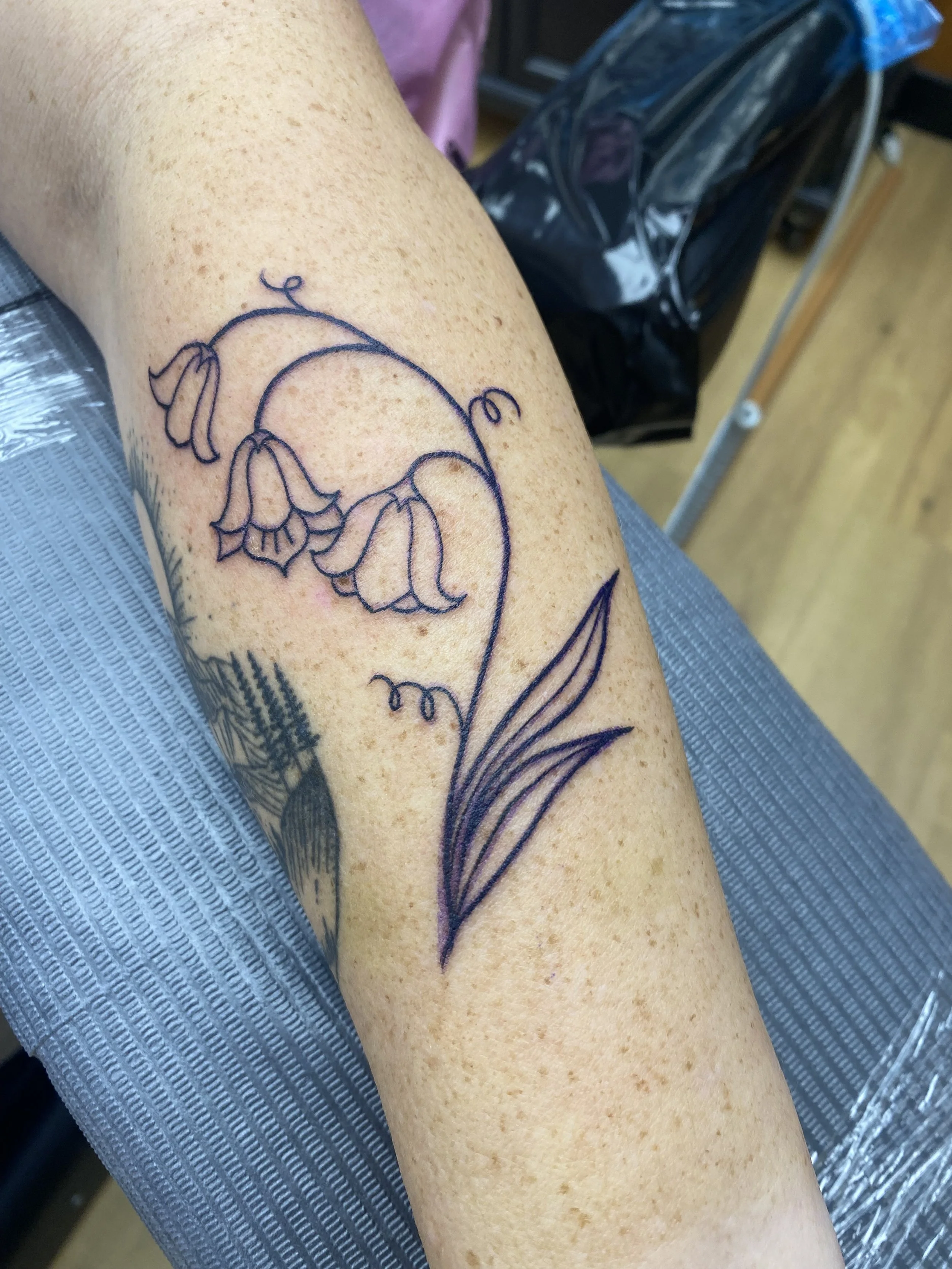 A person's forearm with a freshly done black ink tattoo of a flower with three bell-shaped blossoms and long leaves.