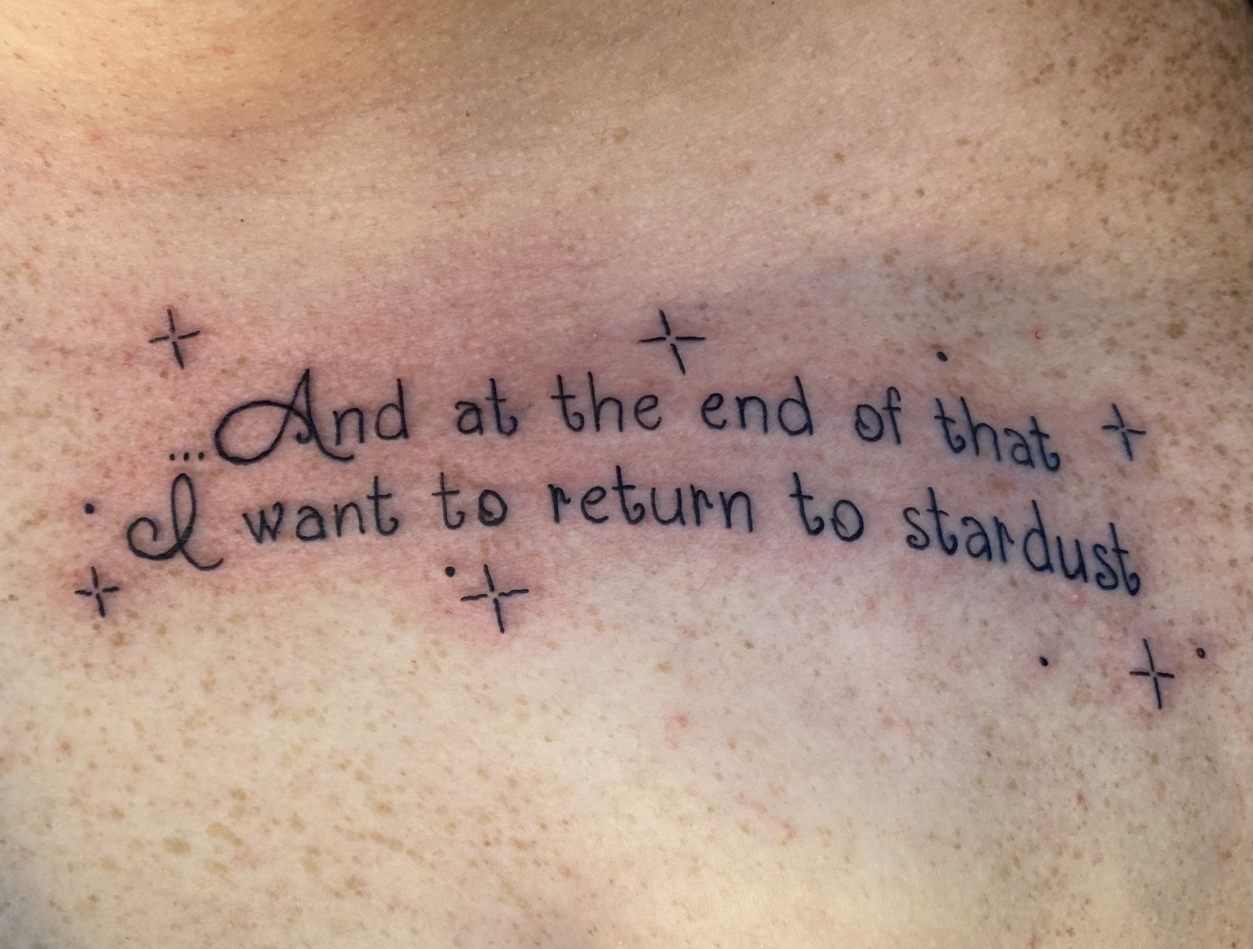 Close-up of a tattoo on skin with purple ink text and small star-like decorative symbols. The visible part of the tattoo reads: "...And at the end of that t"