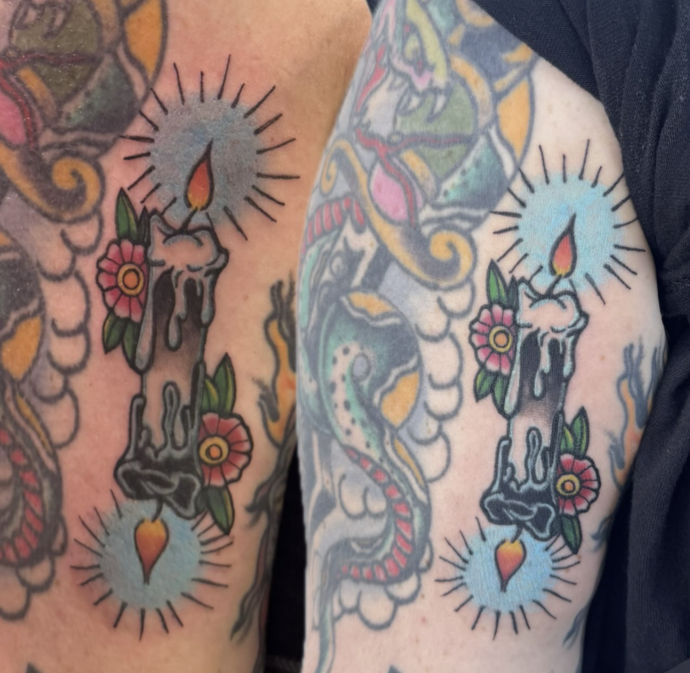 Tattoo of a melting candle with a flame, surrounded by pink flowers and black dripping wax, with a glowing sunburst background.
