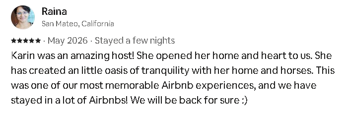 A screenshot of a review from Reina, who stayed in San Mateo, California, in May 2026, praising Karin for her hospitality during her Airbnb stay.