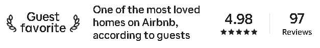 Black background with white text about a highly-rated Airbnb home, including guests' favorite status and guest ratings.