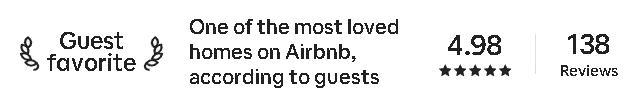 Text indicating a review of an Airbnb with stars and guest reviews, mentioning one of the most loved homes on Airbnb.