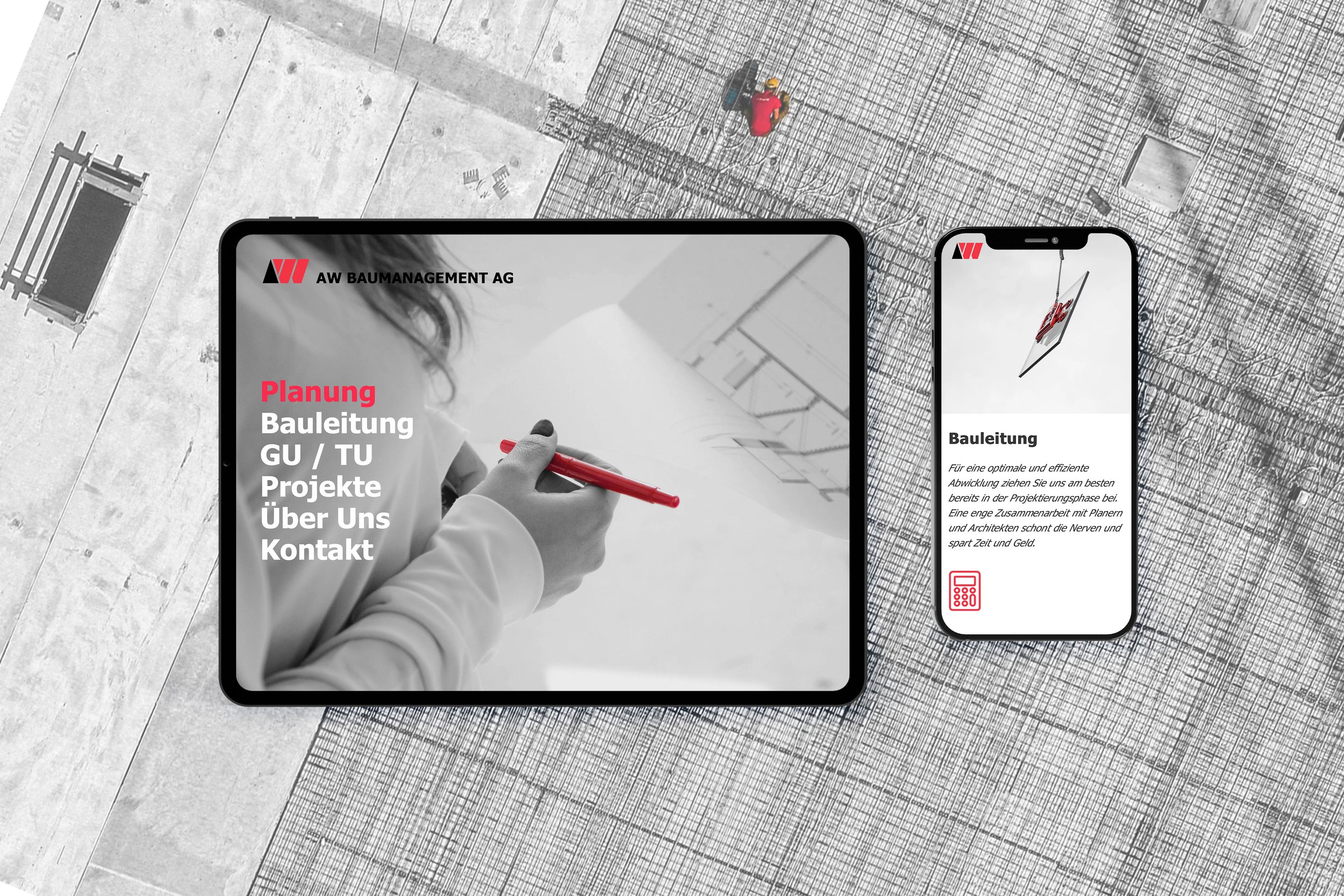 Website von AW Baumanagement mit Fotografien fertiger Umbauten