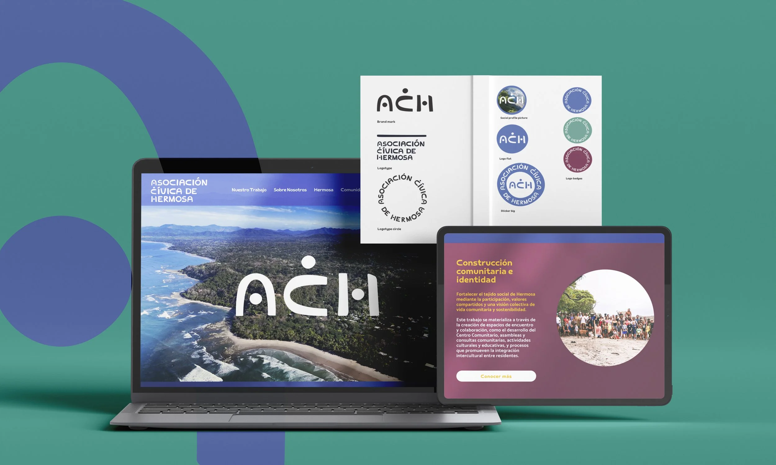 Website der Asociación Cívica de Hermosa auf Bildschirm und Telefon