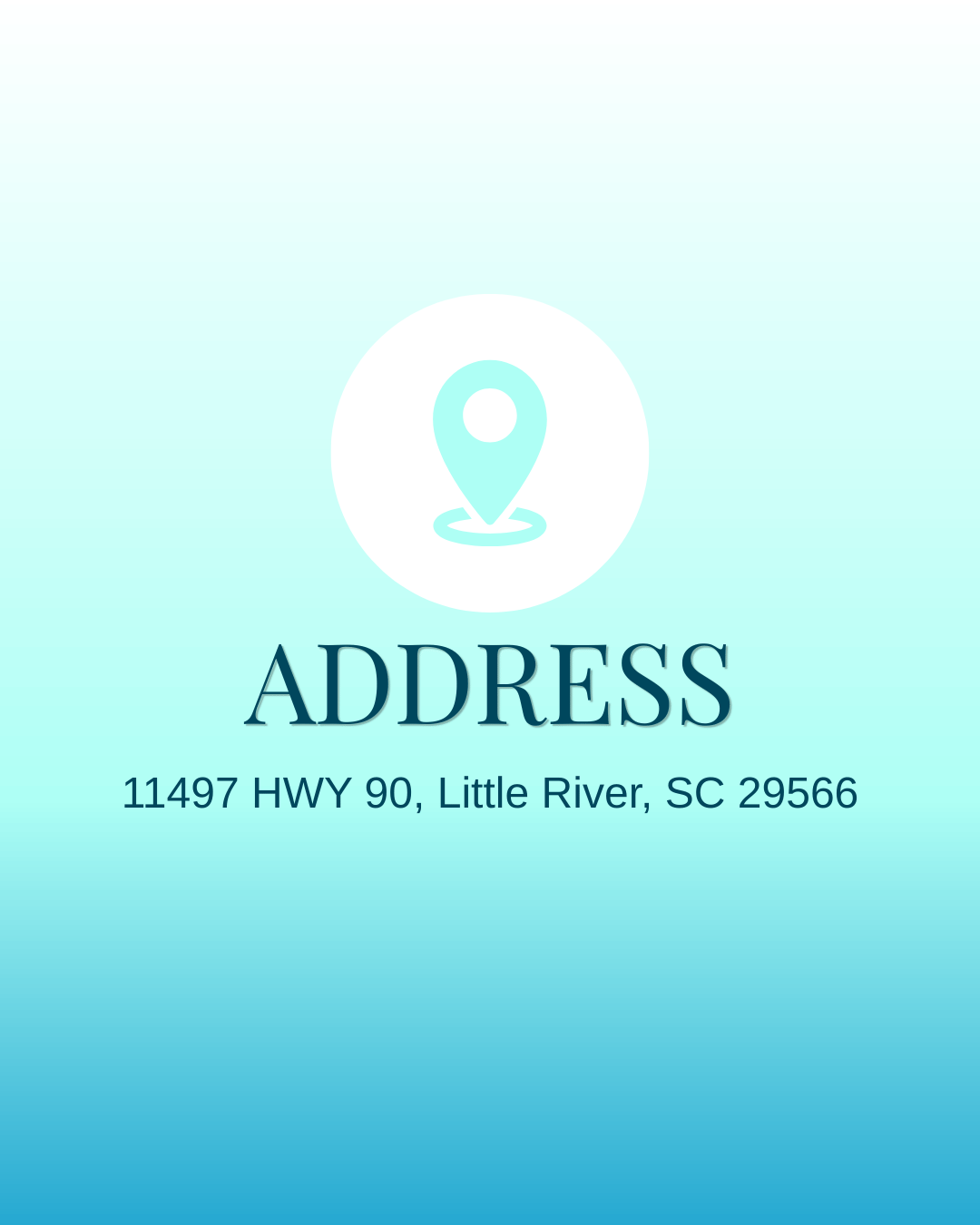 Contact information card with a location icon showing an address: 11497 HWY 90, Little River, SC 29566.