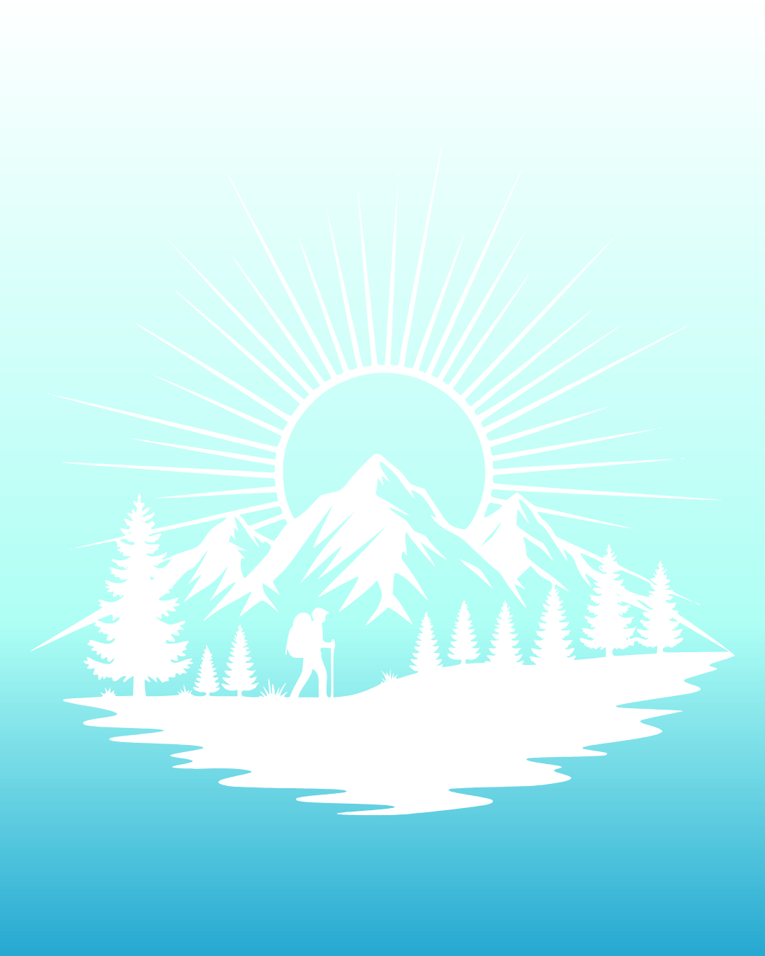 Silhouette of a hiker with a backpack walking near a lake, mountains in the background with the sun rising or setting behind them, surrounded by pine trees, in a minimalist, monochromatic style.