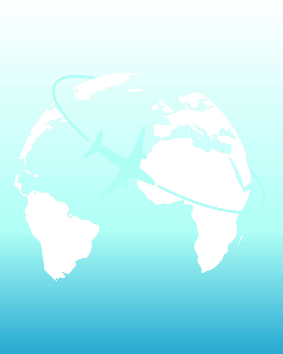 Light blue digital illustration of a globe with white continents, featuring two airplane icons and flight paths circling the globe.