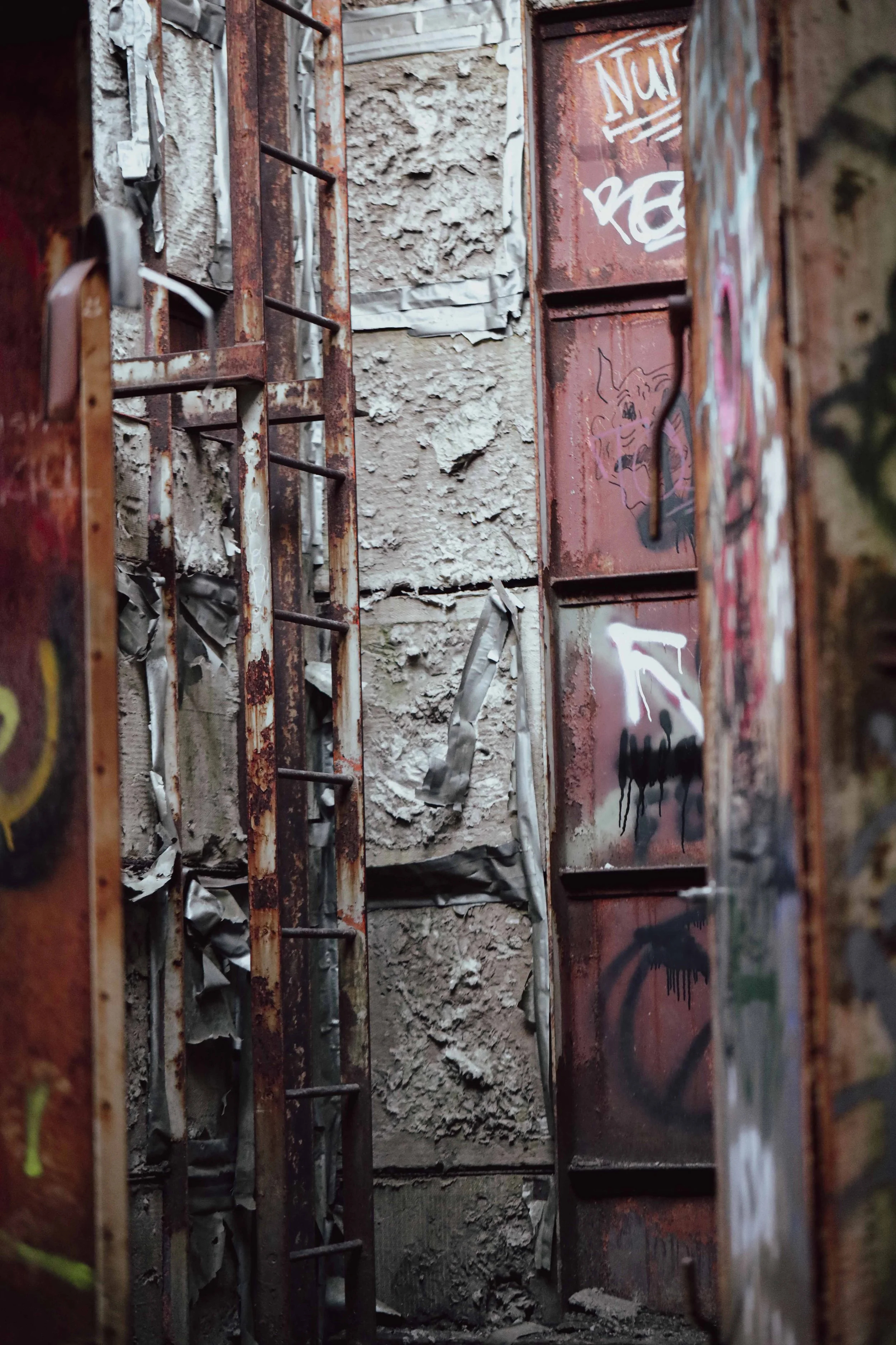 Rusty metal bars and graffiti-covered walls in an abandoned building with peeling paint and debris.