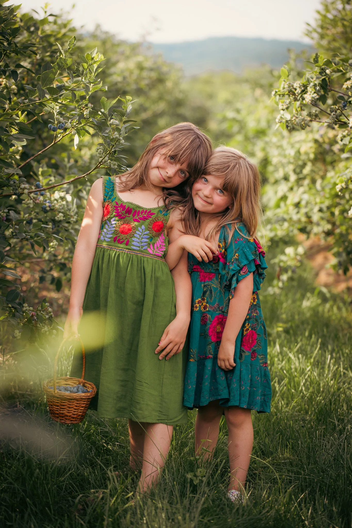Two young girls in colorful dresses standing in a blueberry field, with bushes of blueberries around them and a basket of blueberries at their feet.