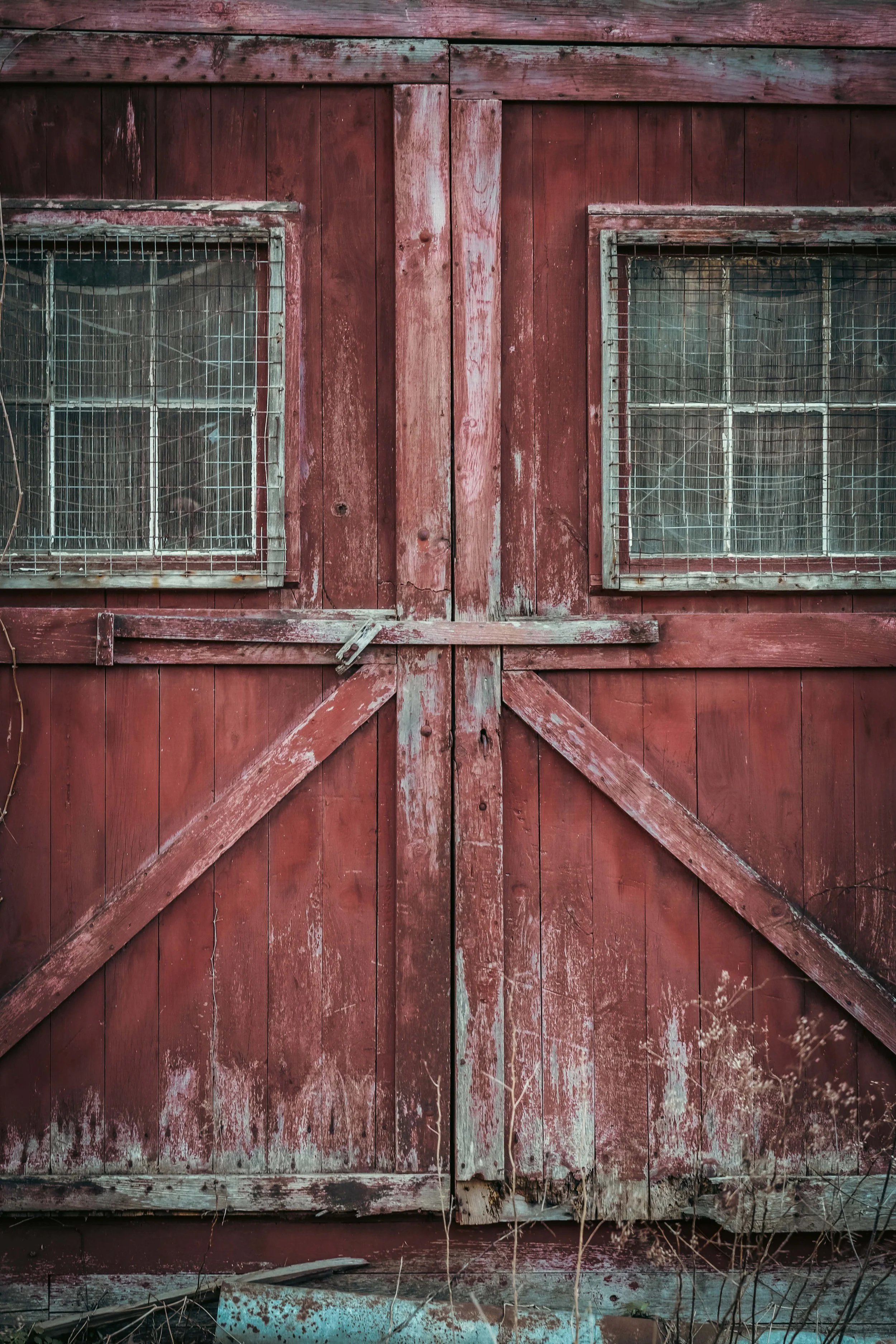 Close-up of a weathered red wooden barn door with window panes protected by wire mesh.