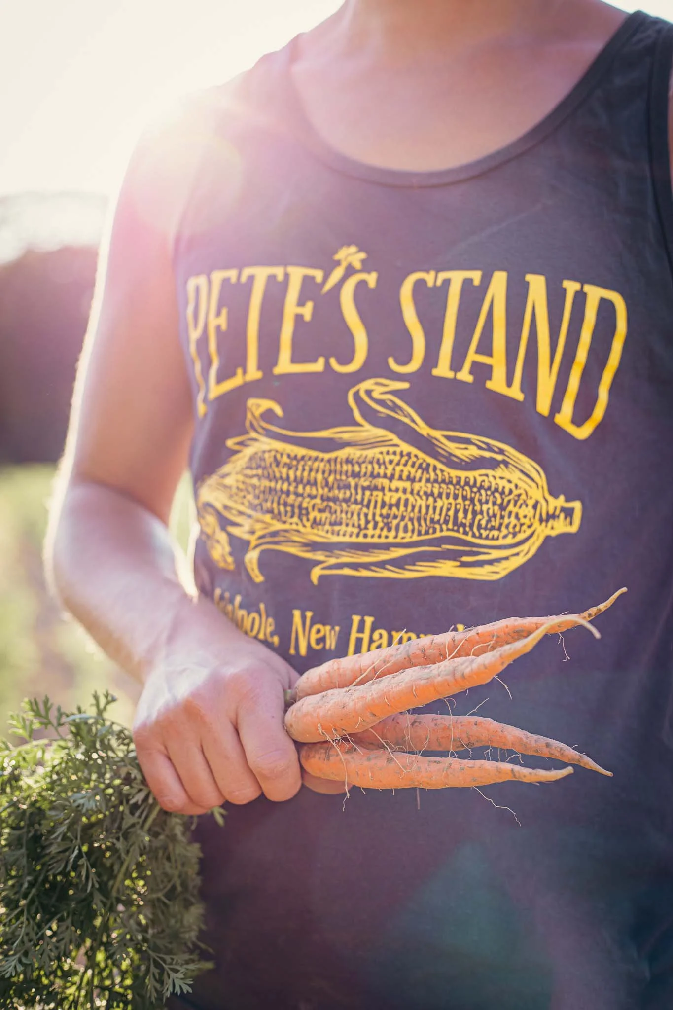 Person harvesting carrots in a garden, wearing a gray tank top with yellow text and holding freshly picked carrots in their hand.