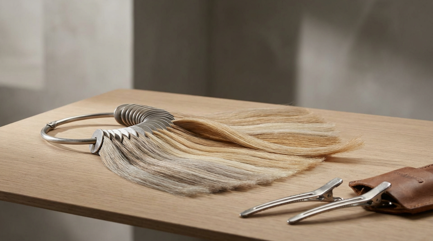 Hair color swatch fan deck with various shades of blonde hair samples, hair clips, and a leather case on a wooden table.