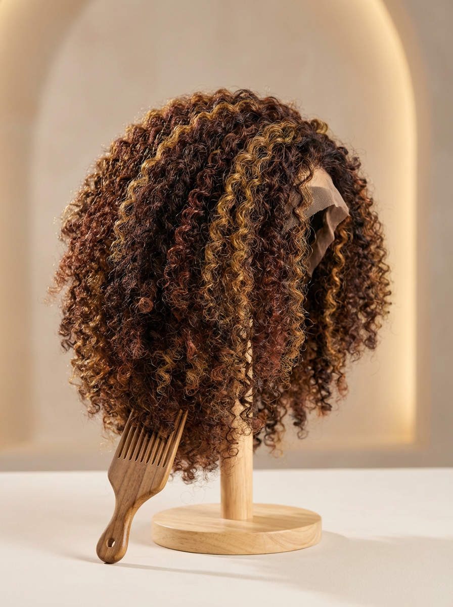 A mannequin head with curly, layered hair in shades of brown and blonde, mounted on a wooden stand with a comb leaning against it.