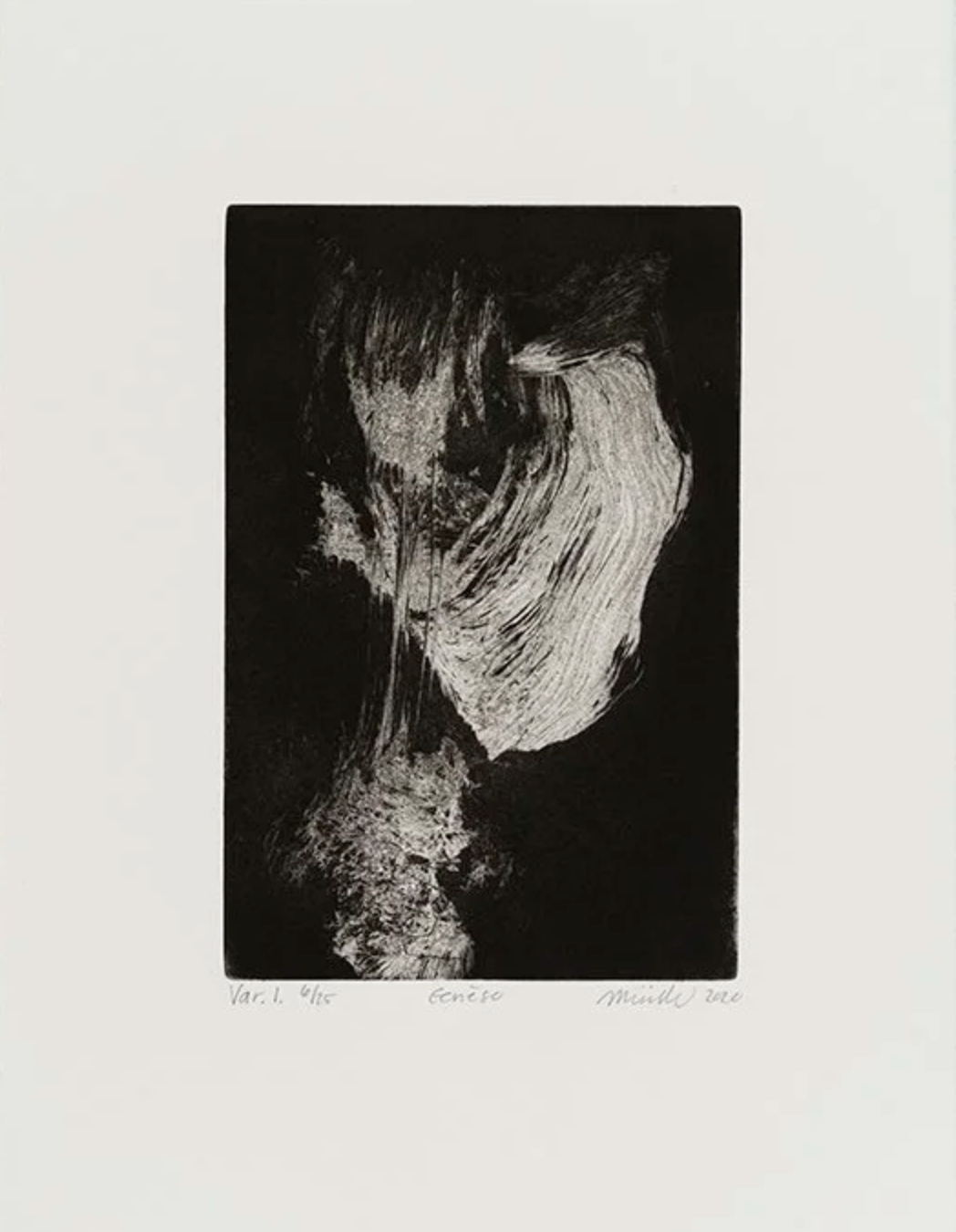 ○  GRAVURE "Genèse" 25 exemplaires, eau forte, Atelier circulaire Montréal 2020. Dimension oeuvre: 22.9 x 15.2 cm. Dimension papier: 38.1 x 27.9 cm. Une eau forte acquise par la BAnq, 2021. Variante en bleu de prusse, 10 exemplaires.