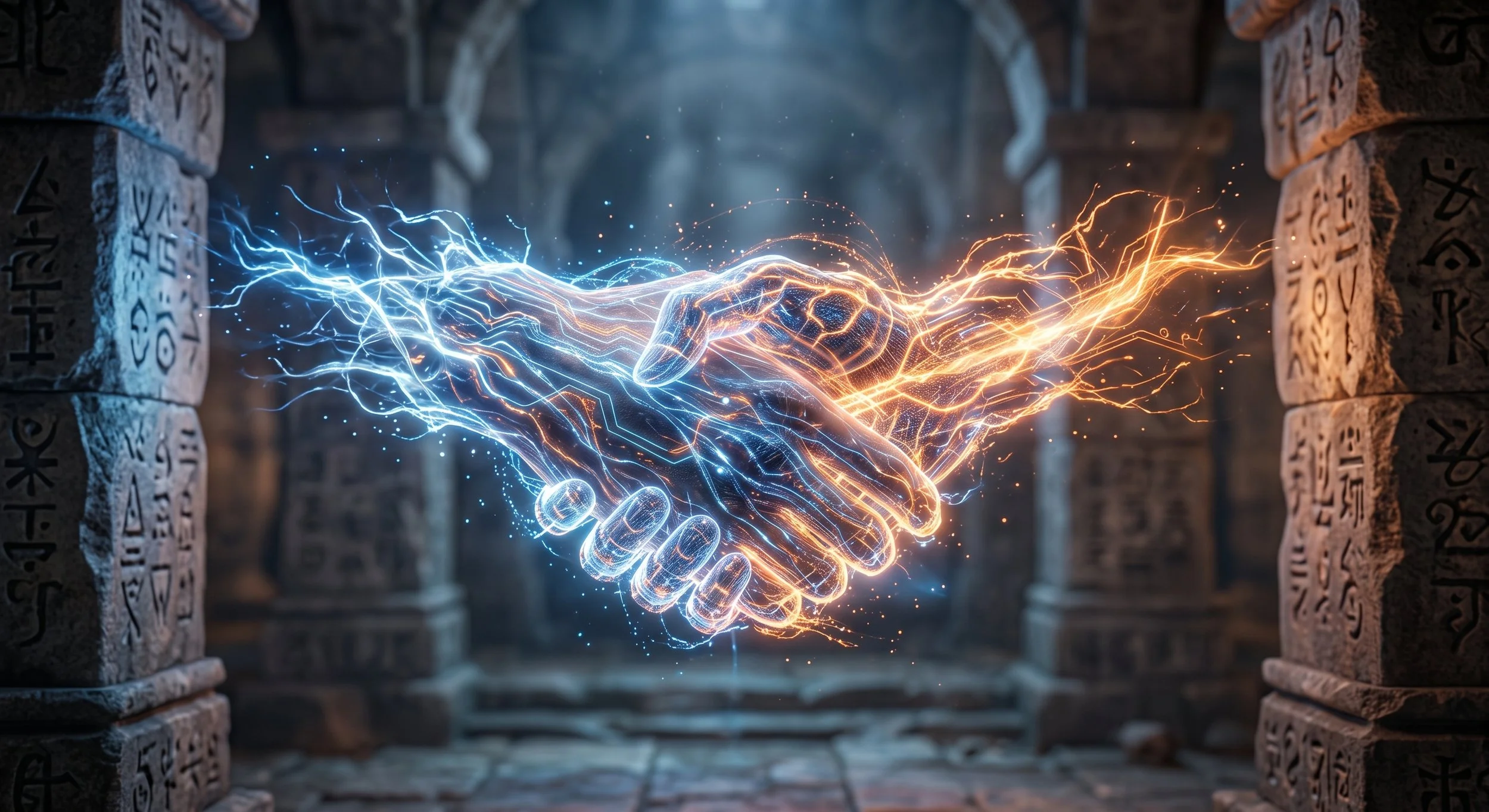 A digital illustration of two glowing hands, one blue and the other orange, shaking hands with sparks and electricity emanating from them, set in an ancient stone temple with hieroglyphic carvings on the columns.
