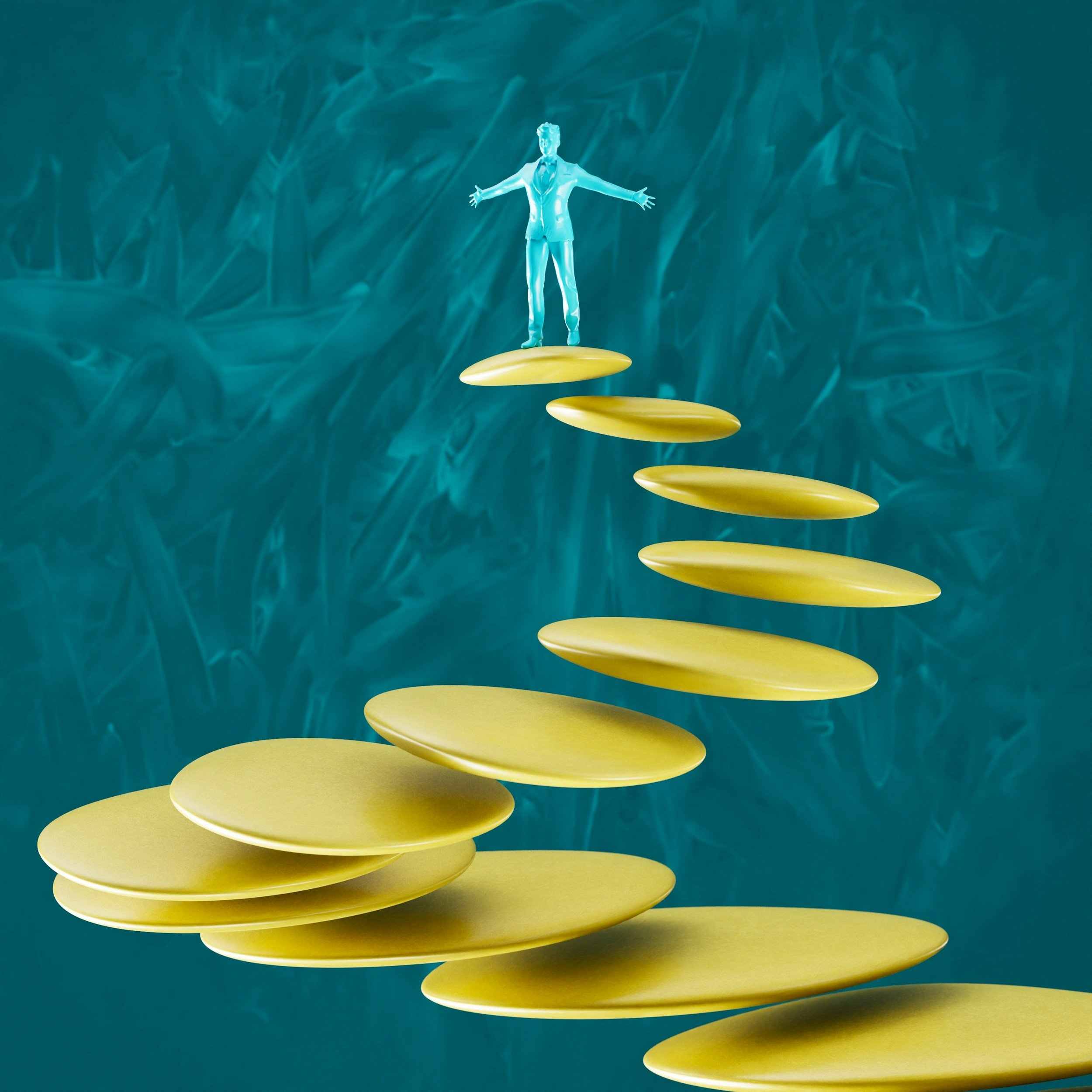 A small figurine of a man in a suit standing on a yellow, spiral staircase-like structure.