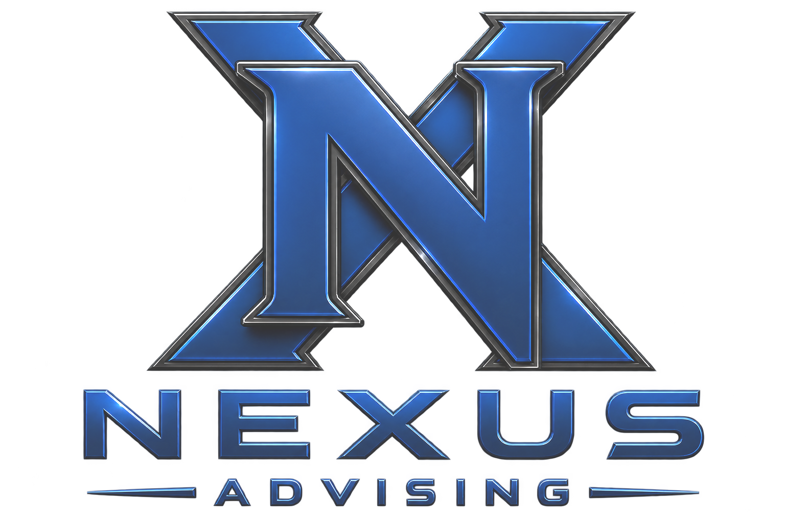 A stylized blue and black logo for Nexus Advising, featuring a large, three-dimensional letter 'N' with glowing blue accents and the words 'Nexus Advising' underneath.